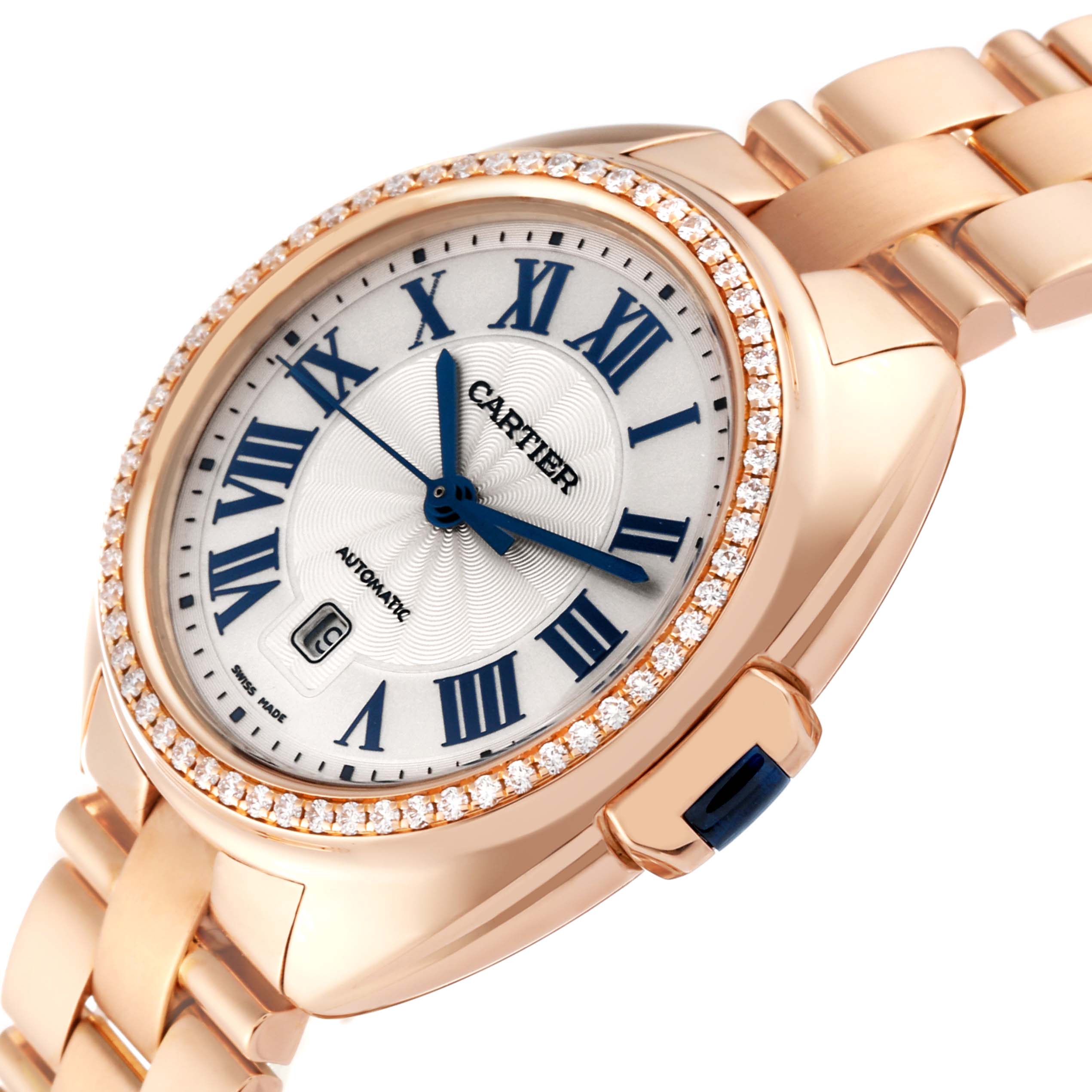 This image shows a close-up angle of the Cle model by Cartier, featuring the watch face, bezel, and part of the bracelet.