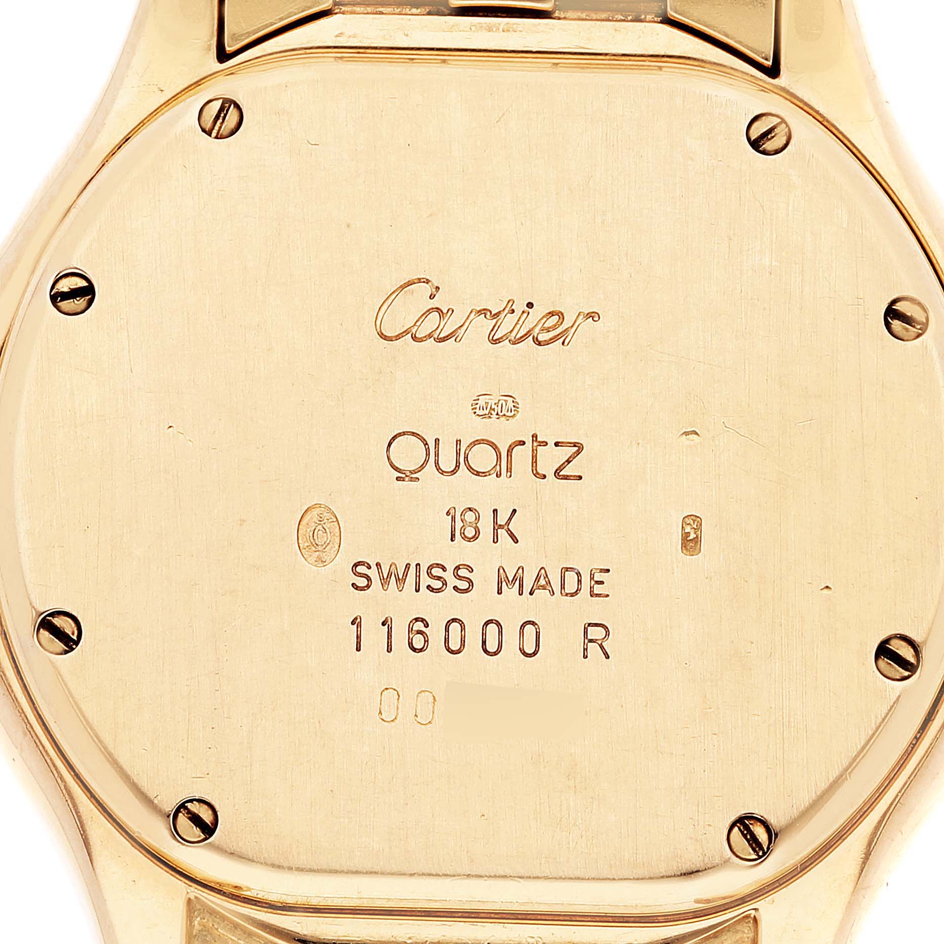 This is a close-up of the back of a Cartier Panthere W25013B9 Women's Yellow Gold Silver Dial W25013B9 Women's Yellow Gold Silver Dial model watch, showing brand details, material, and serial number.