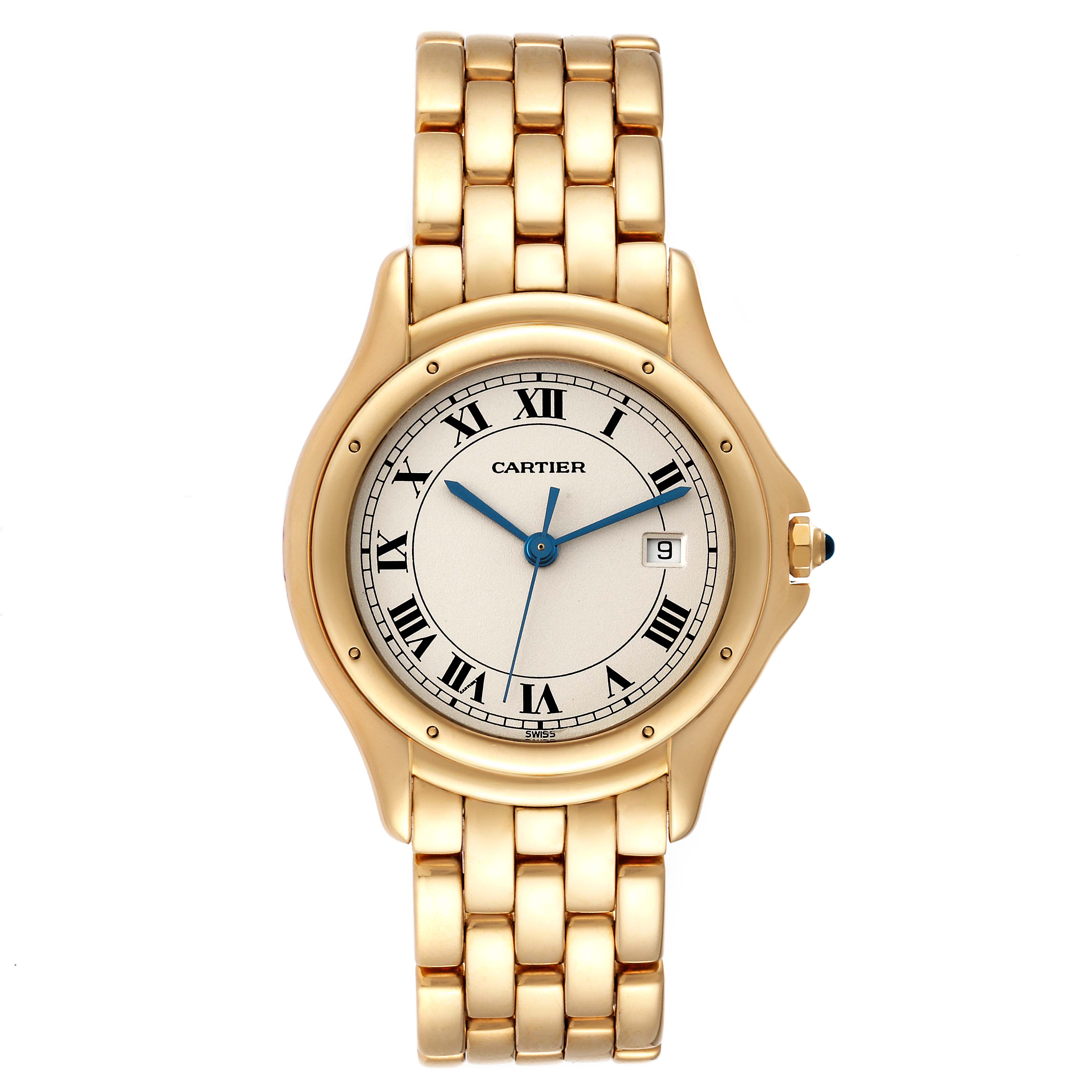 This image shows a full frontal view of the Cartier Panthere W25013B9 Women's Yellow Gold Silver Dial W25013B9 Women's Yellow Gold Silver Dial watch, displaying the face, bracelet, clasp, and crown.