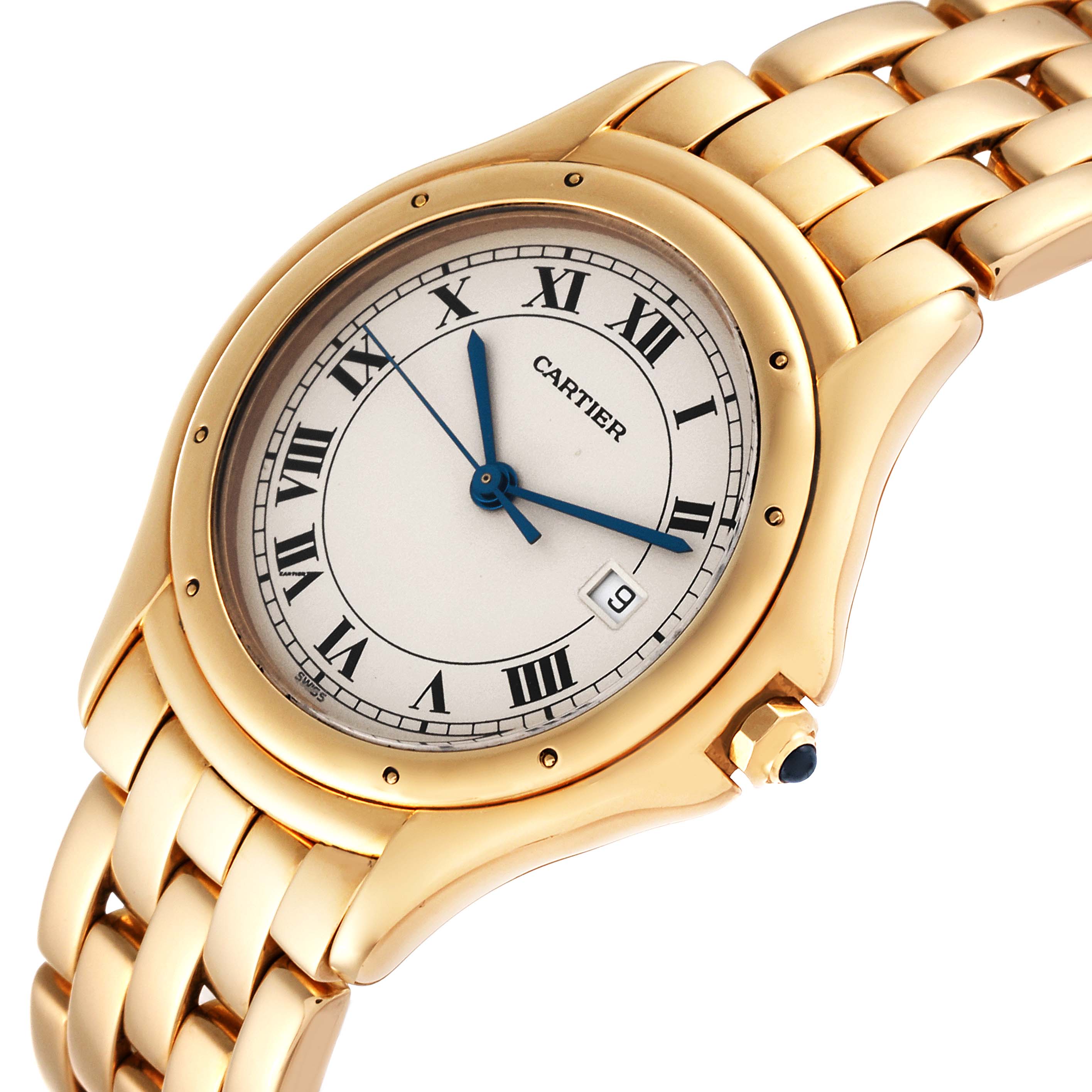 This image shows a close-up view of the Cartier Panthere W25013B9 Women's Yellow Gold Silver Dial W25013B9 Women's Yellow Gold Silver Dial watch, highlighting the face, bezel, and bracelet at a slight angle.
