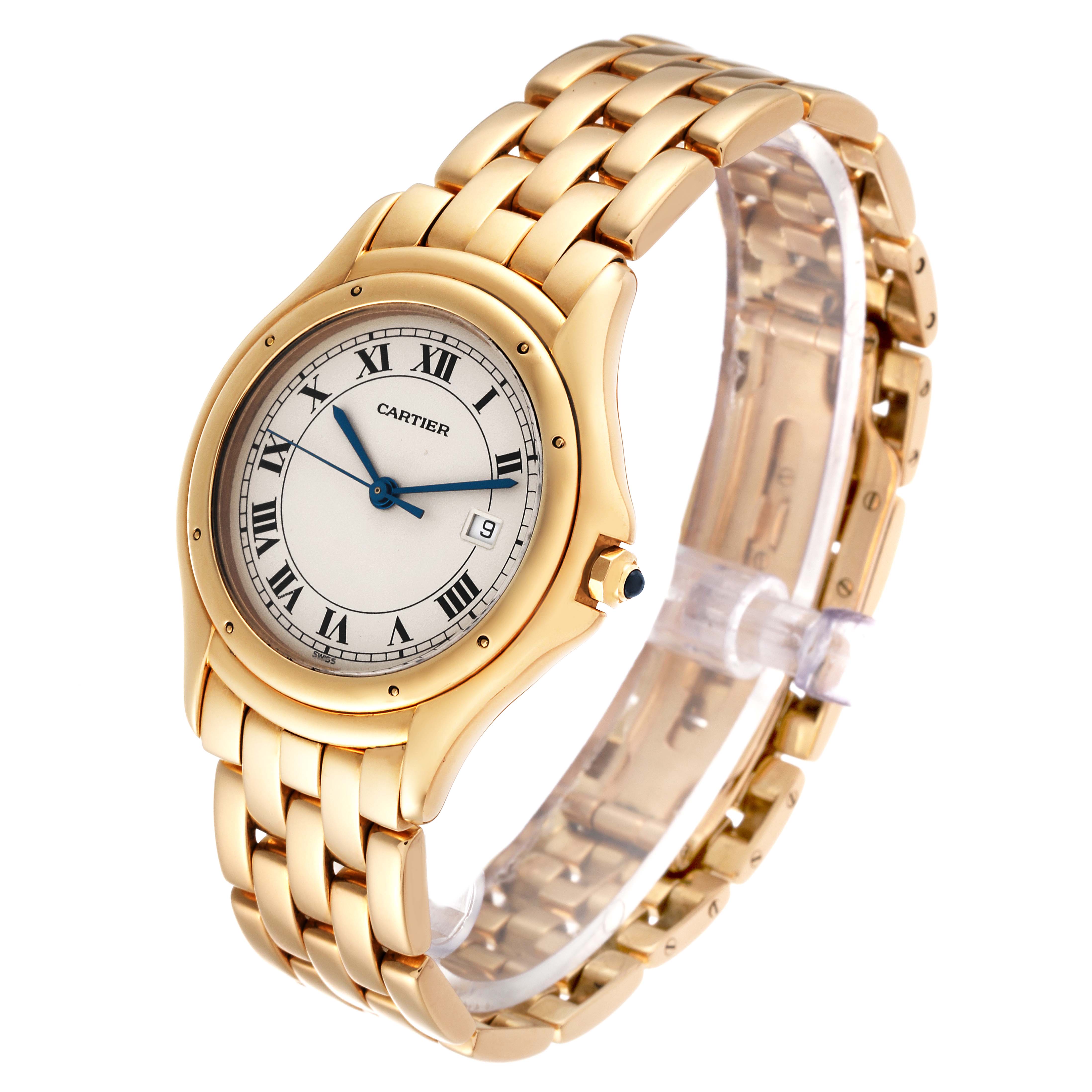 The Cartier Panthere W25013B9 Women's Yellow Gold Silver Dial W25013B9 Women's Yellow Gold Silver Dial model watch is shown at an angled view displaying its face, bezel, bracelet, and crown.
