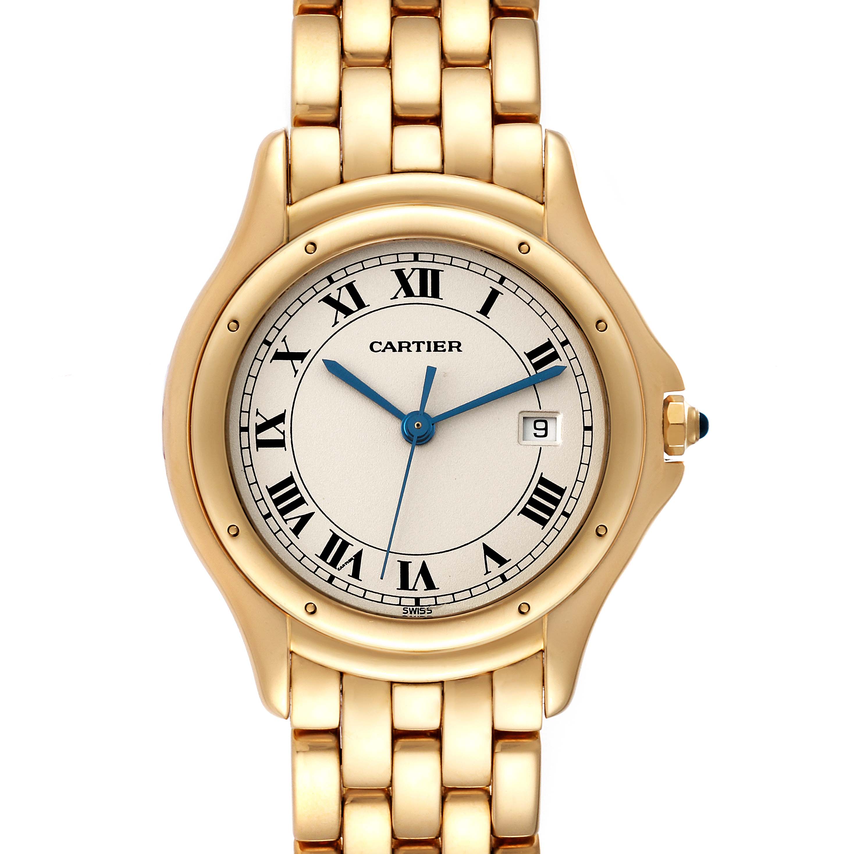 The image shows a front view of a Panthère model watch by Cartier, displaying the face, bezel, and part of the bracelet.