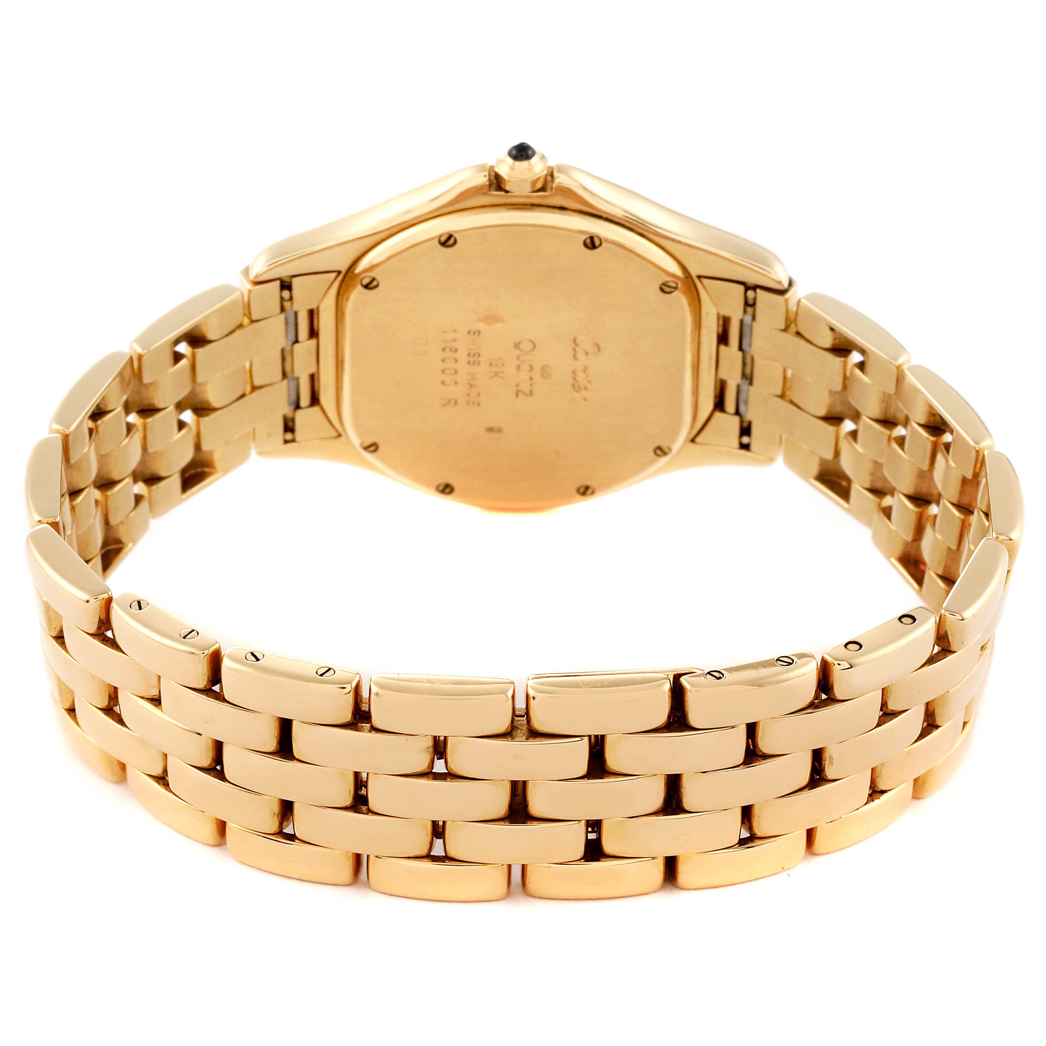 The image shows the back of a gold Cartier Panthere W25013B9 Women's Yellow Gold Silver Dial W25013B9 Women's Yellow Gold Silver Dial watch, highlighting its case back and bracelet.