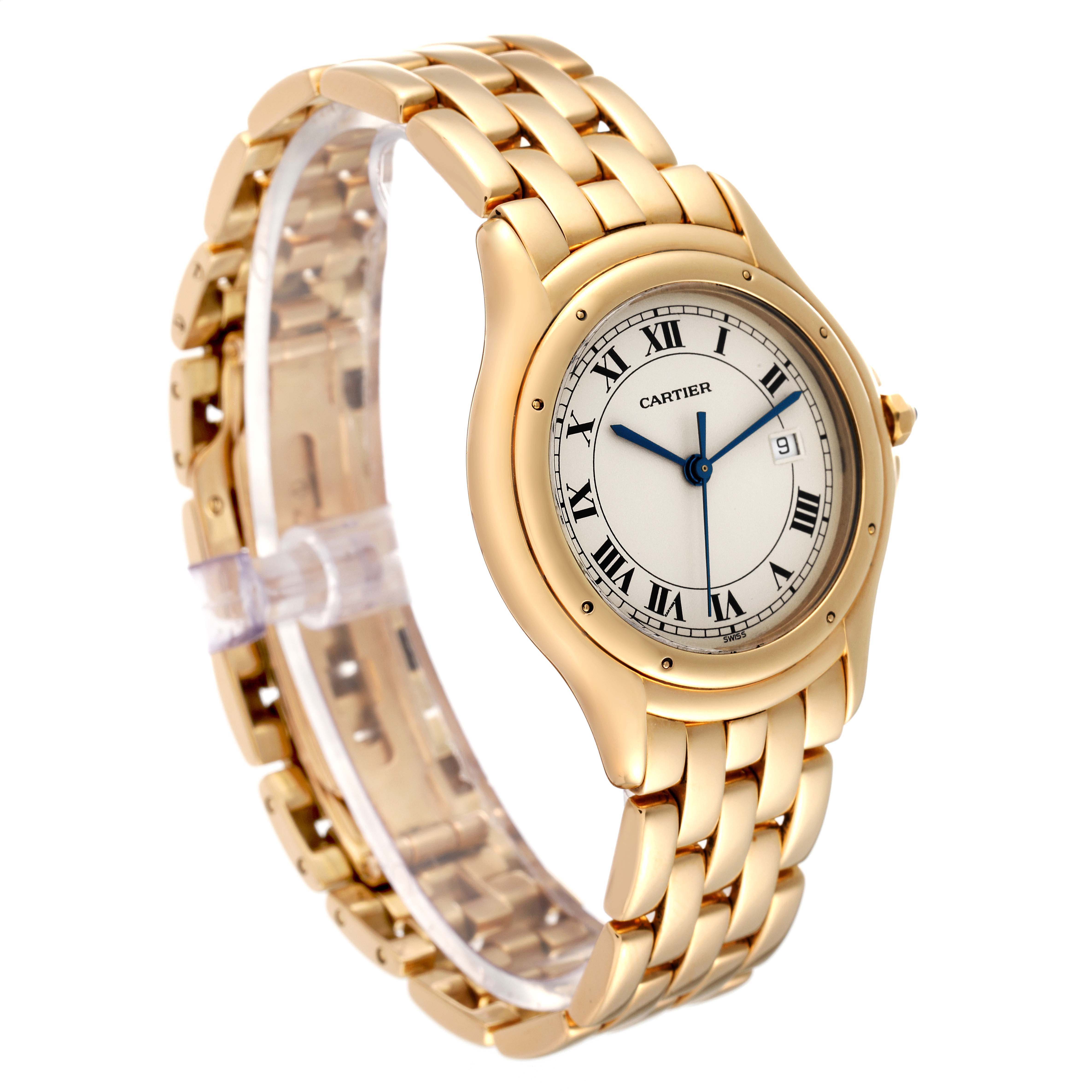 The image shows a side and front view of the Cartier Panthere W25013B9 Women's Yellow Gold Silver Dial W25013B9 Women's Yellow Gold Silver Dial model watch, highlighting its gold bracelet and round dial.