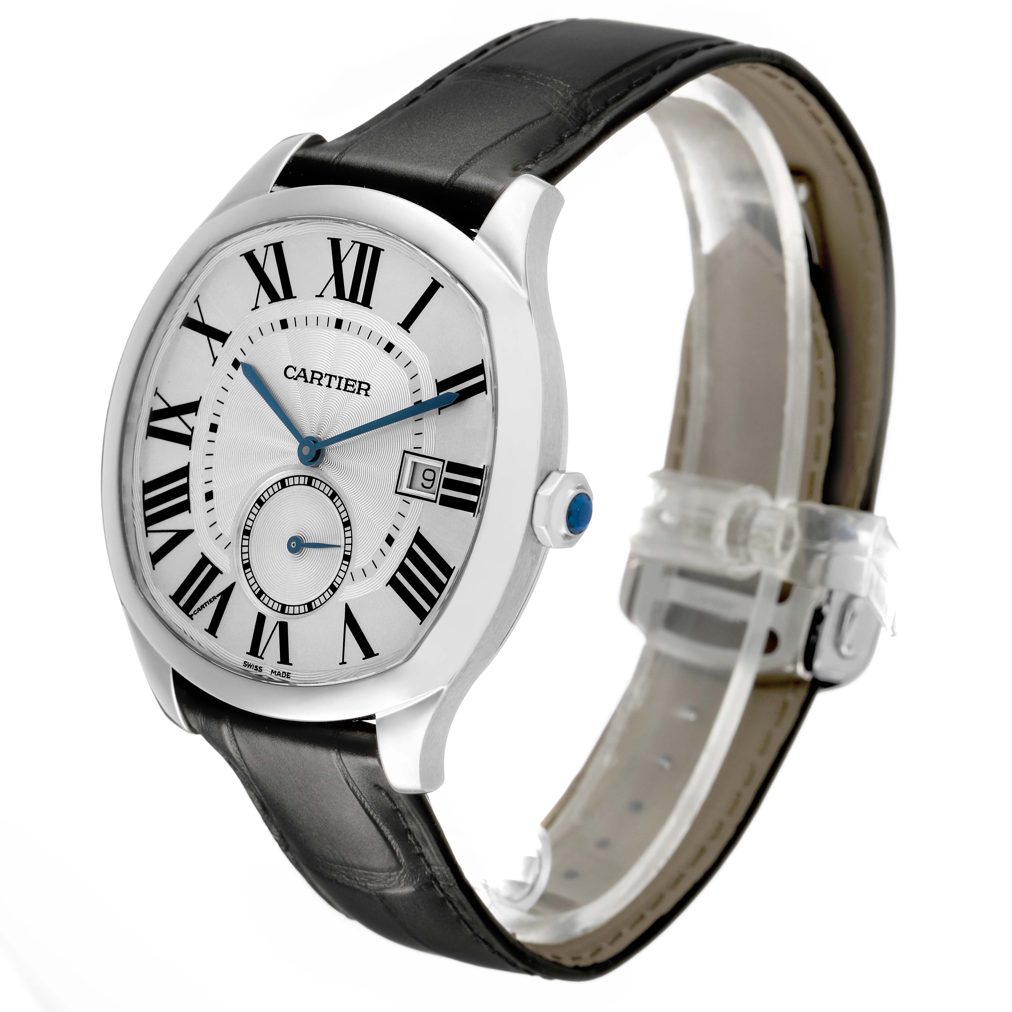 The Drive de Cartier watch is shown at an angled side view, displaying its dial, crown, case, and leather strap.
