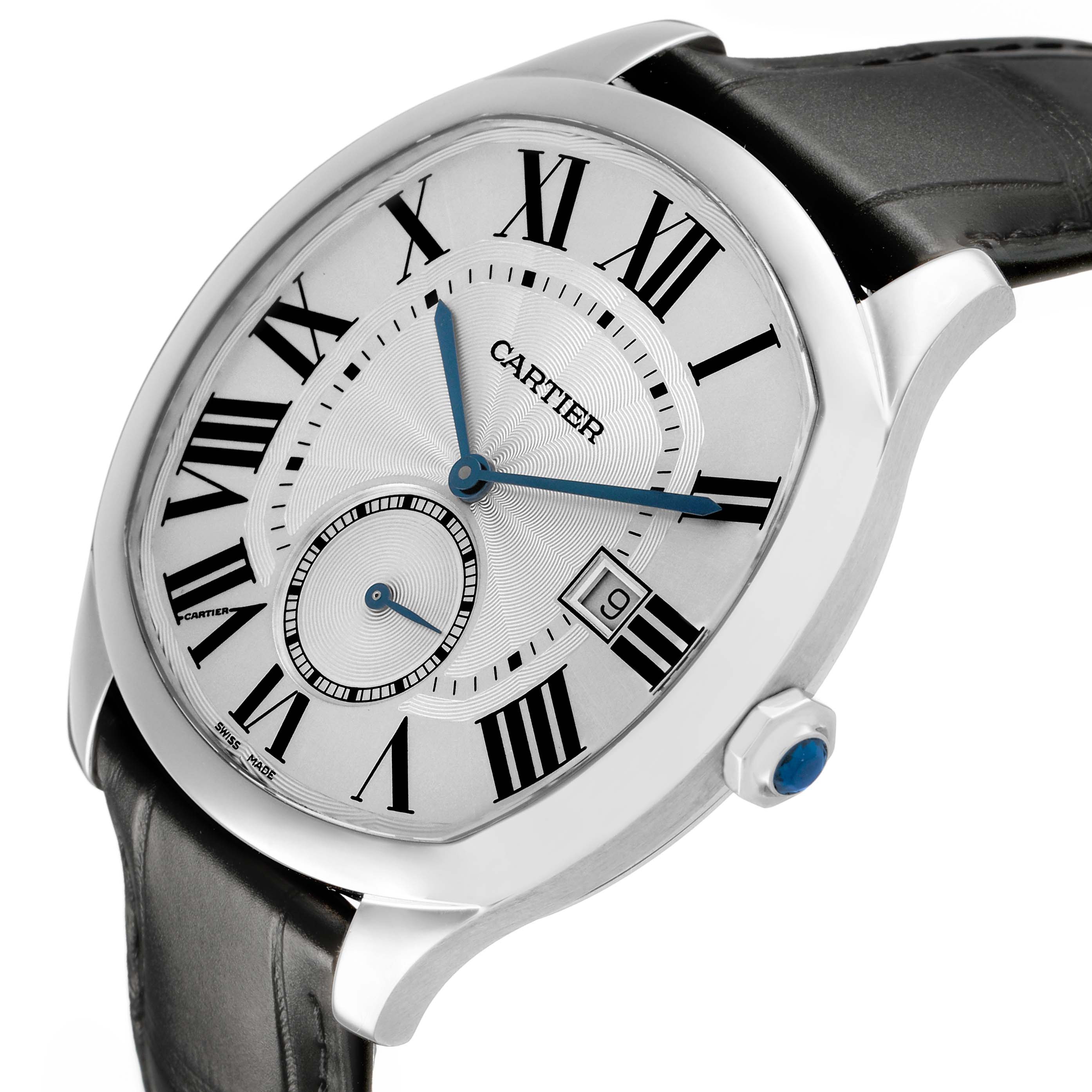 The Drive de Cartier watch is shown at an angle highlighting the face, Roman numerals, and crown with a blue cabochon.