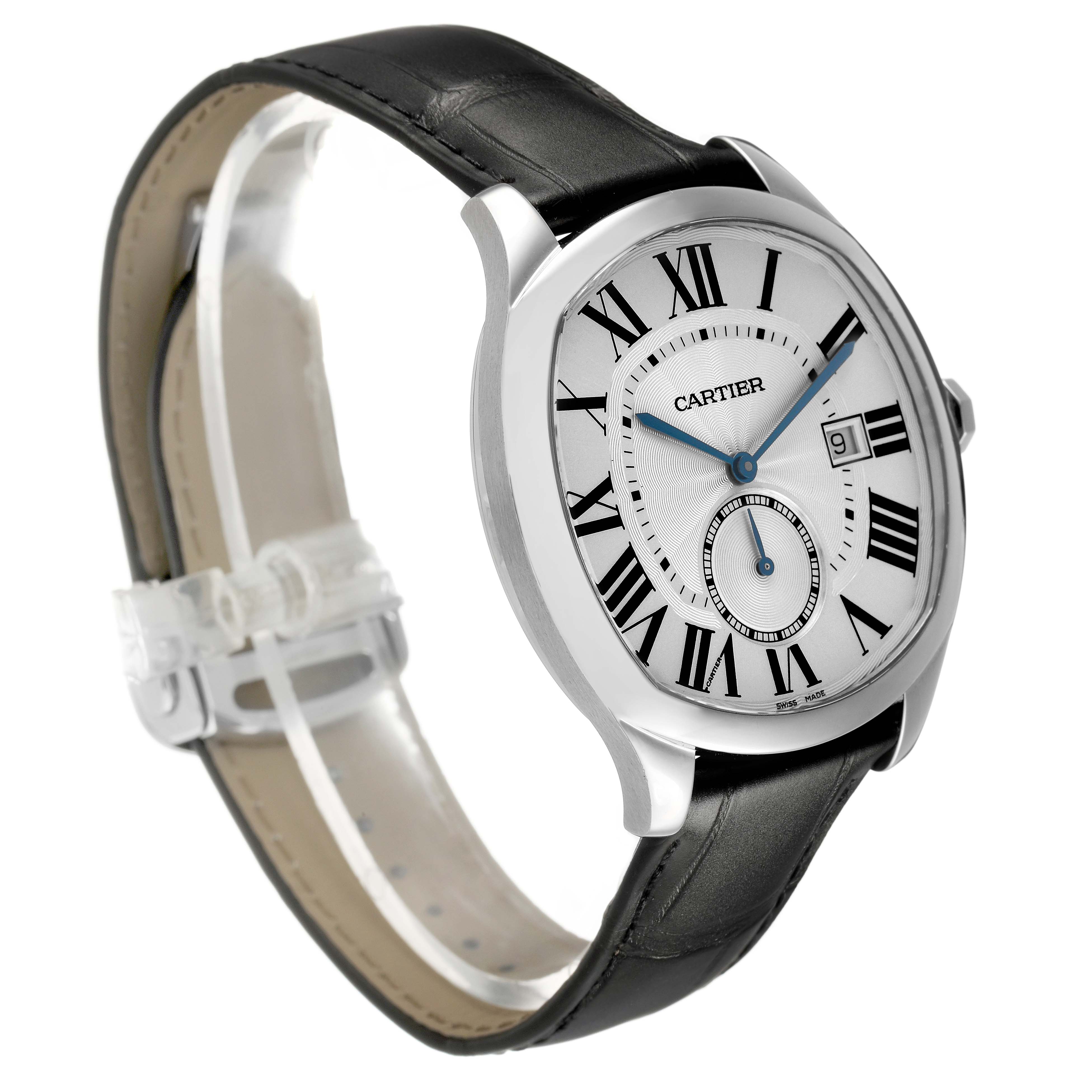 The Drive de Cartier watch is shown at a side angle, displaying its dial, Roman numerals, blue hands, and black leather strap.