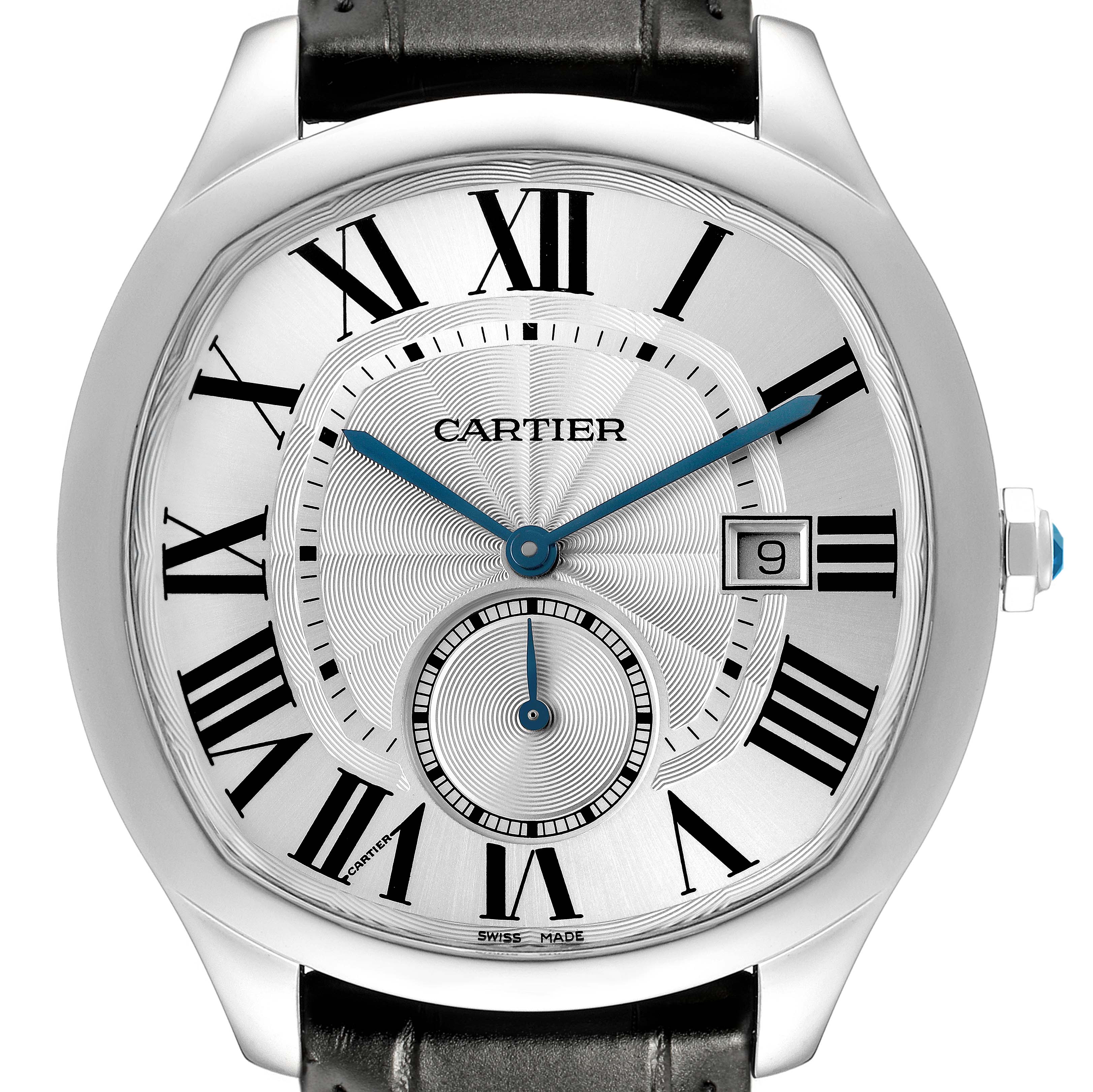 The Drive de Cartier watch is shown from a front angle, displaying the dial, case, hands, and part of the strap.