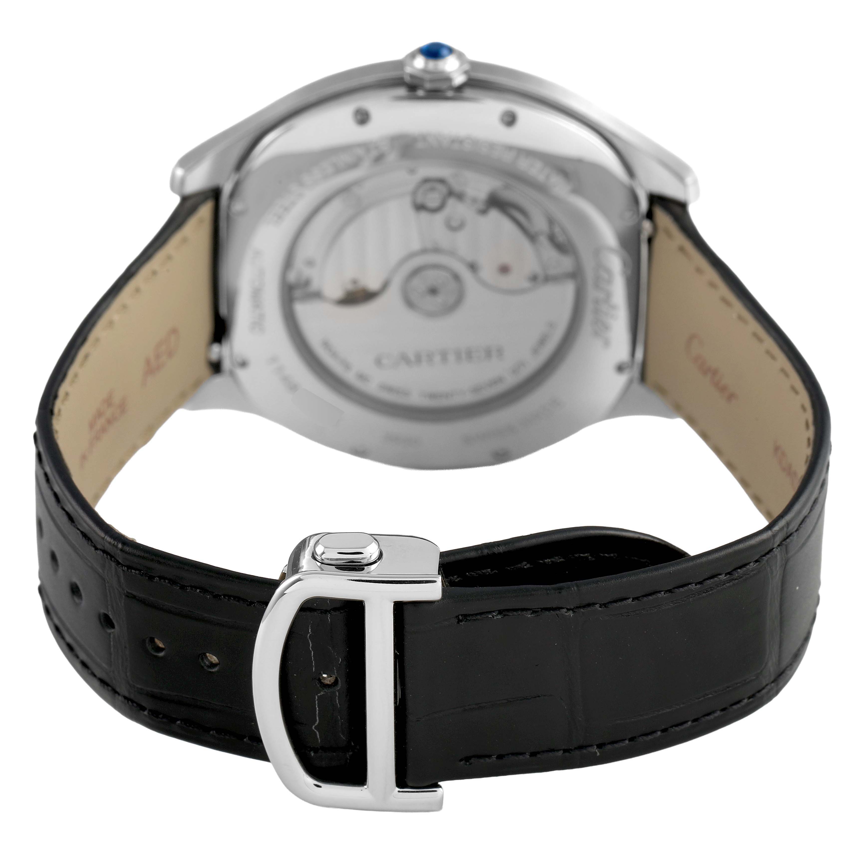 The Drive de Cartier watch is shown from the back, displaying the strap, buckle, and partially the case back.