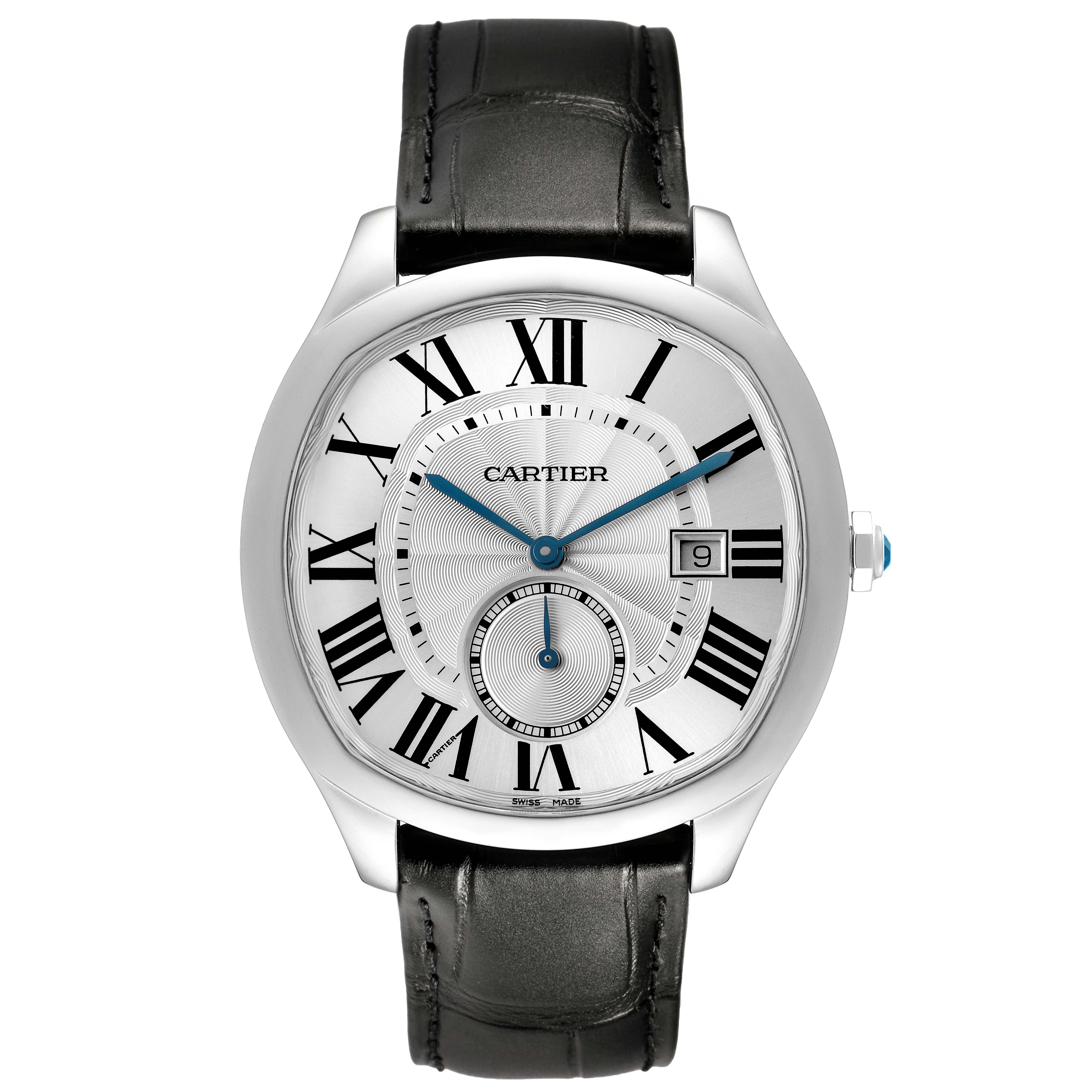 The Drive de Cartier watch is shown from a front angle, displaying its dial, Roman numerals, blue hands, and black leather strap.