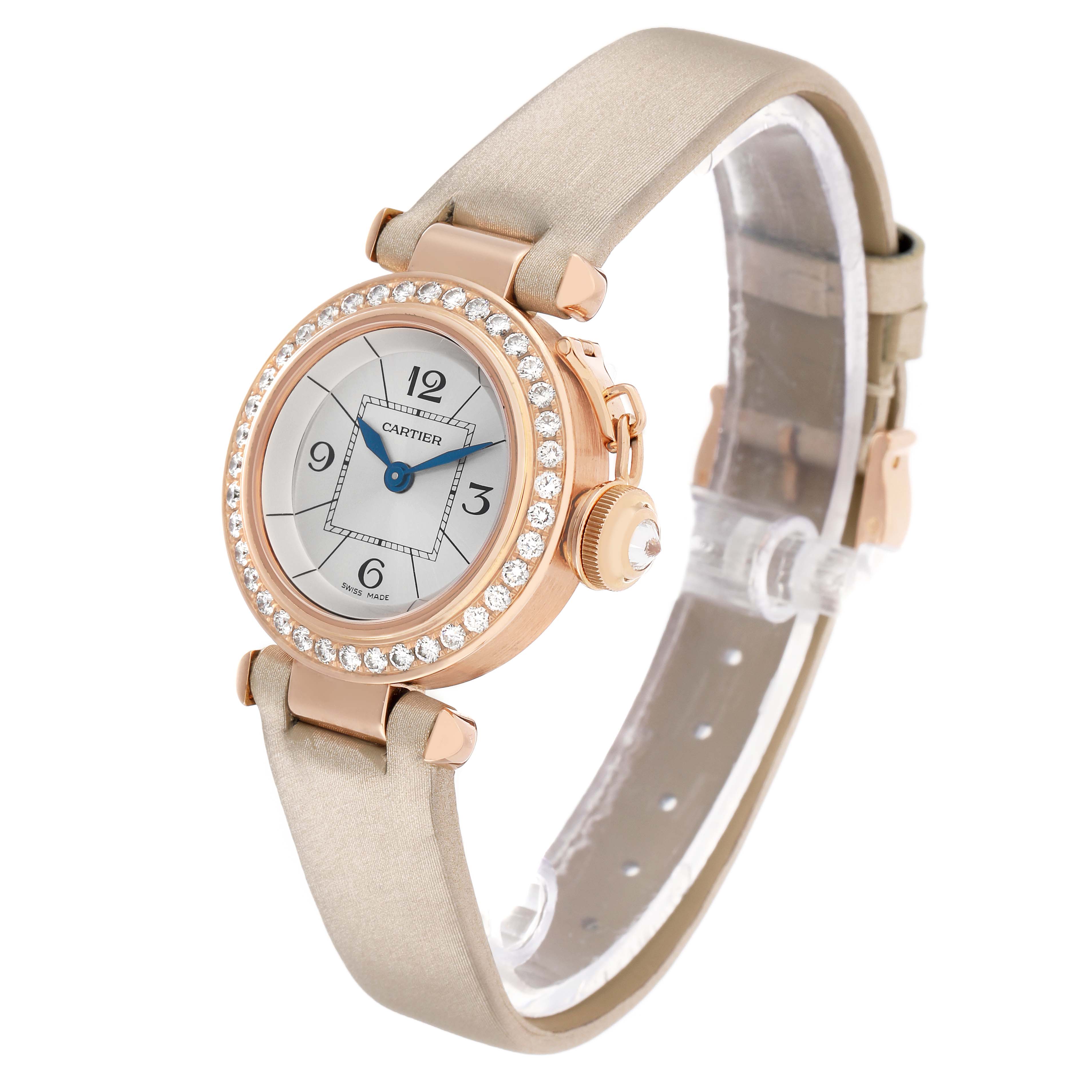 The Cartier Pasha WJ124026 Women's Rose Gold Silver Dial watch is shown from a 3/4 angle, displaying the face, bezel with diamonds, crown, and strap.