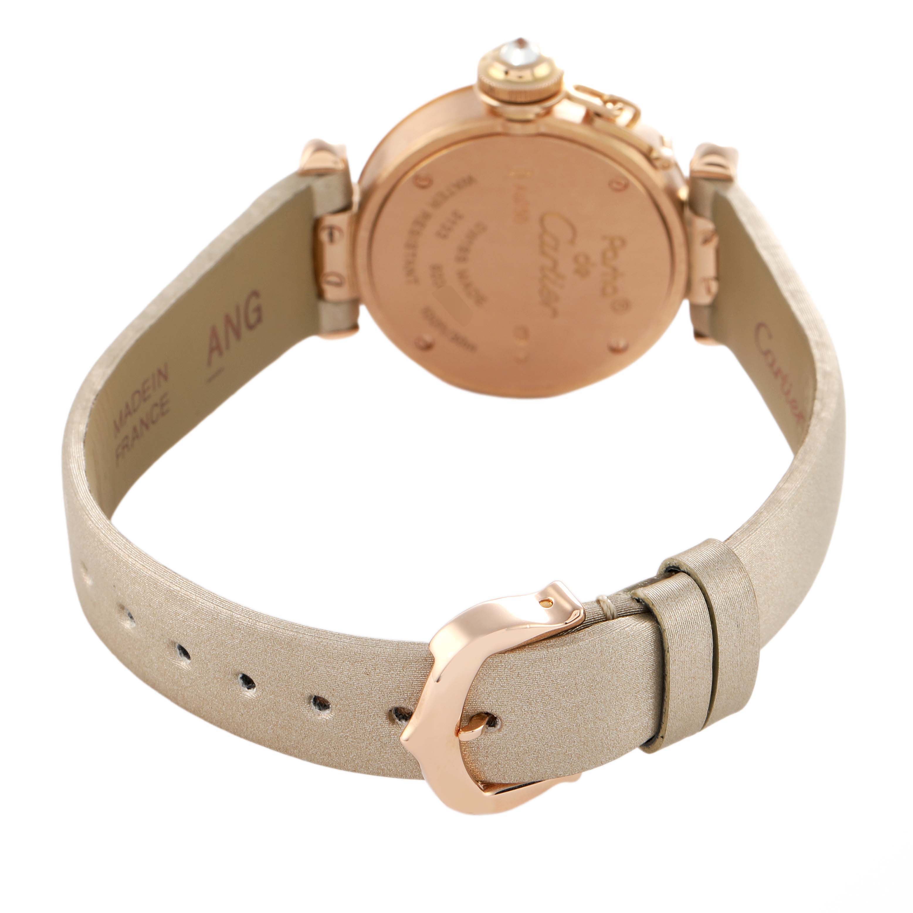 The Cartier Pasha WJ124026 Women's Rose Gold Silver Dial watch is shown from the back, highlighting the case, crown, and leather strap with buckle.