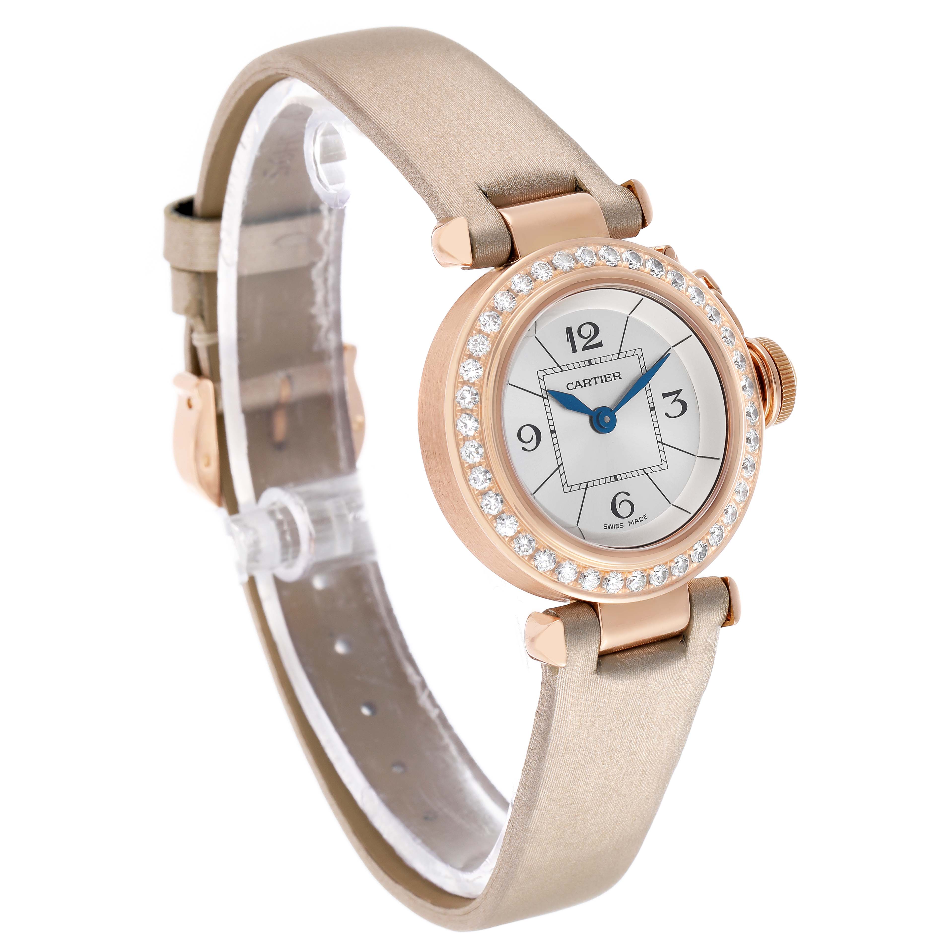 The Cartier Pasha WJ124026 Women's Rose Gold Silver Dial watch is shown at an angled side view, highlighting the bezel, dial, crown, and part of the strap.