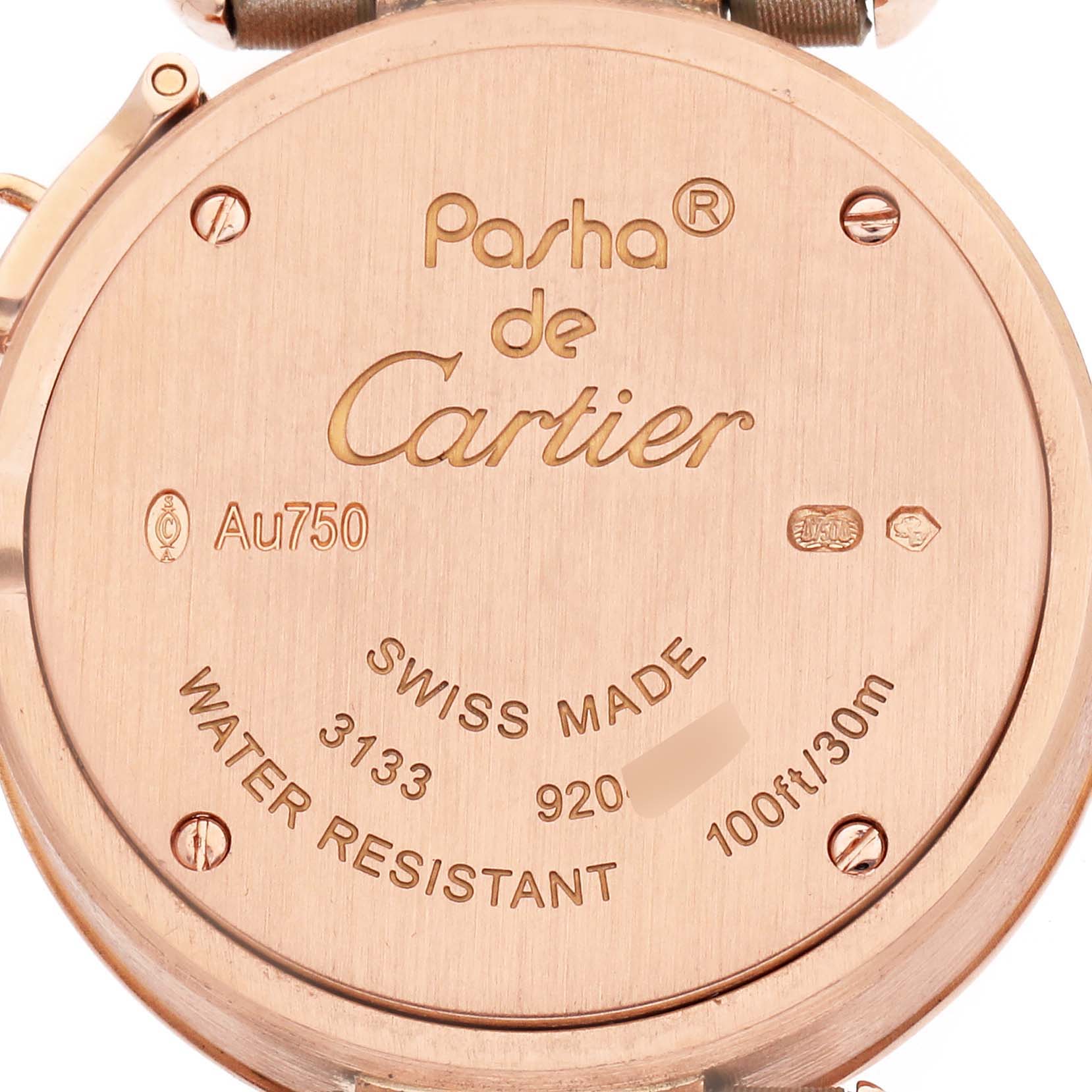 The image shows the back case of the Cartier Pasha WJ124026 Women's Rose Gold Silver Dial watch, highlighting the branding and specifications.