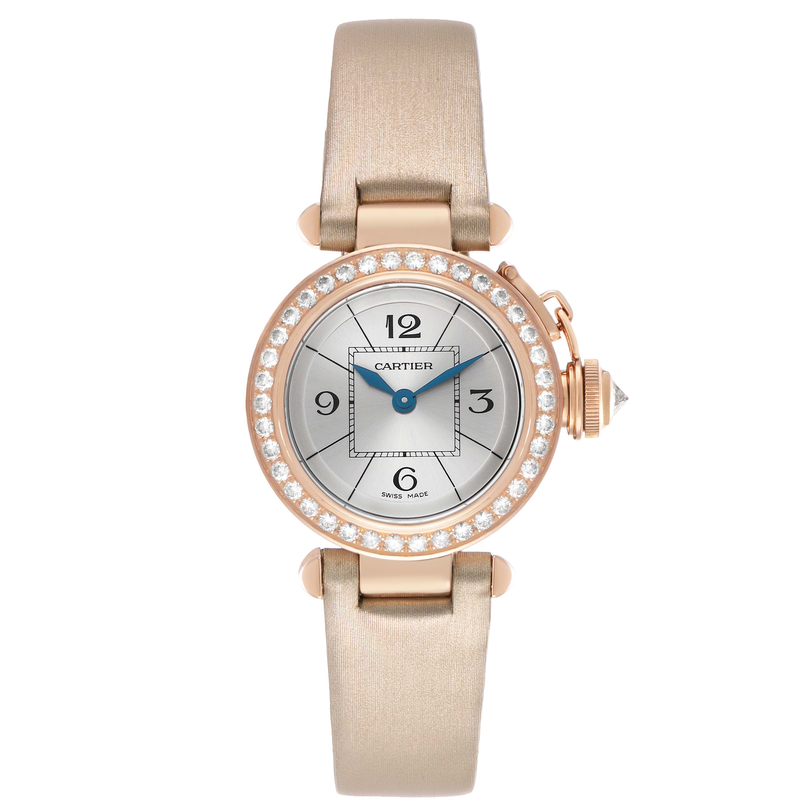 The Cartier Pasha WJ124026 Women's Rose Gold Silver Dial watch is shown from the front, displaying its round face, diamond bezel, and crown with a leather strap.