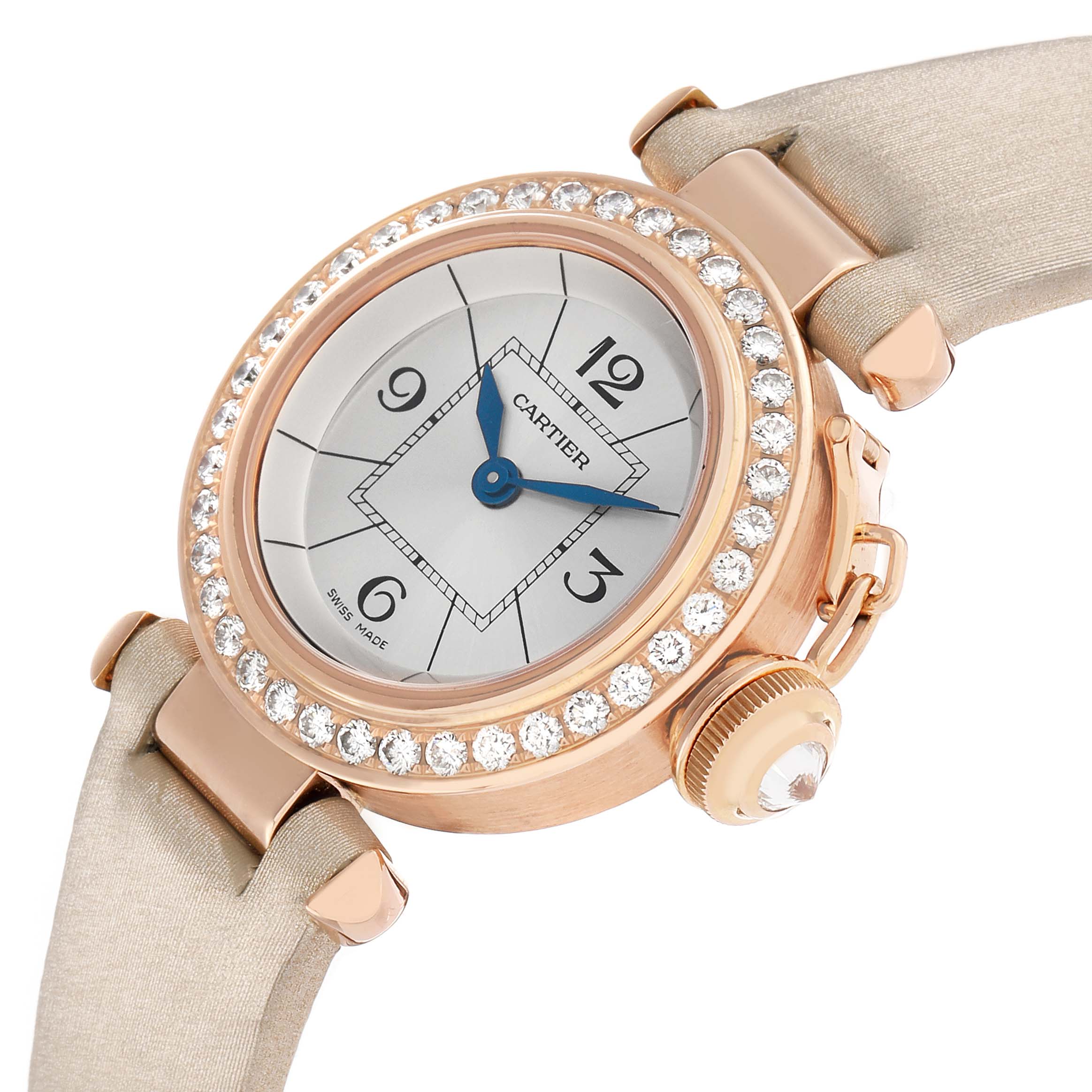The Cartier Pasha WJ124026 Women's Rose Gold Silver Dial watch is shown at a slight angle, highlighting its diamond-studded bezel, crown, and beige strap.