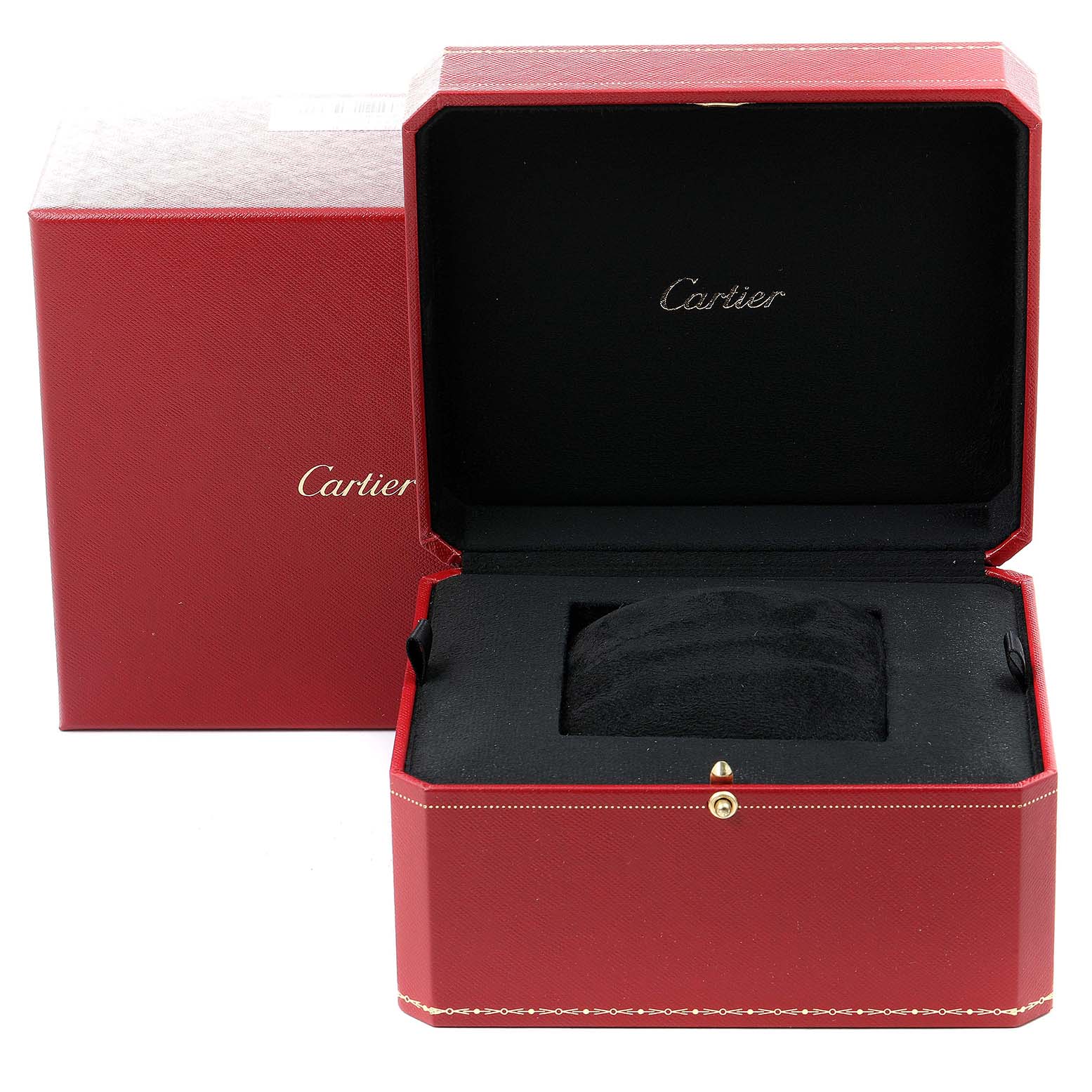 The image shows an open red Cartier box for the Panthere model watch, highlighting the interior padding.