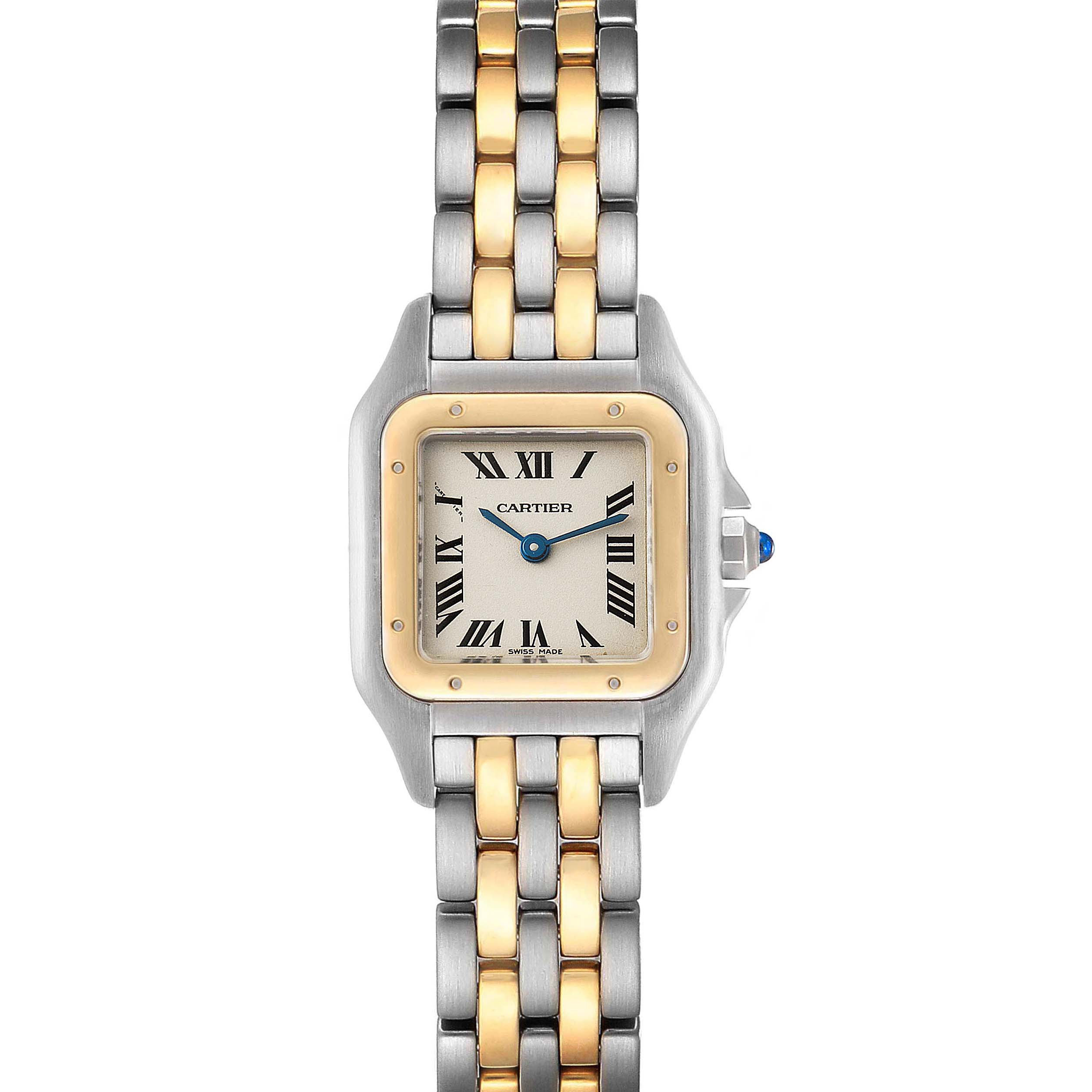 This image shows a frontal view of the Cartier Panthere W25029B6 Women
s Steel and Gold (two tone) Silver Dial W25029B6 Women
s Steel and Gold (two tone) Silver Dial watch, displaying its face and two-tone metal bracelet.