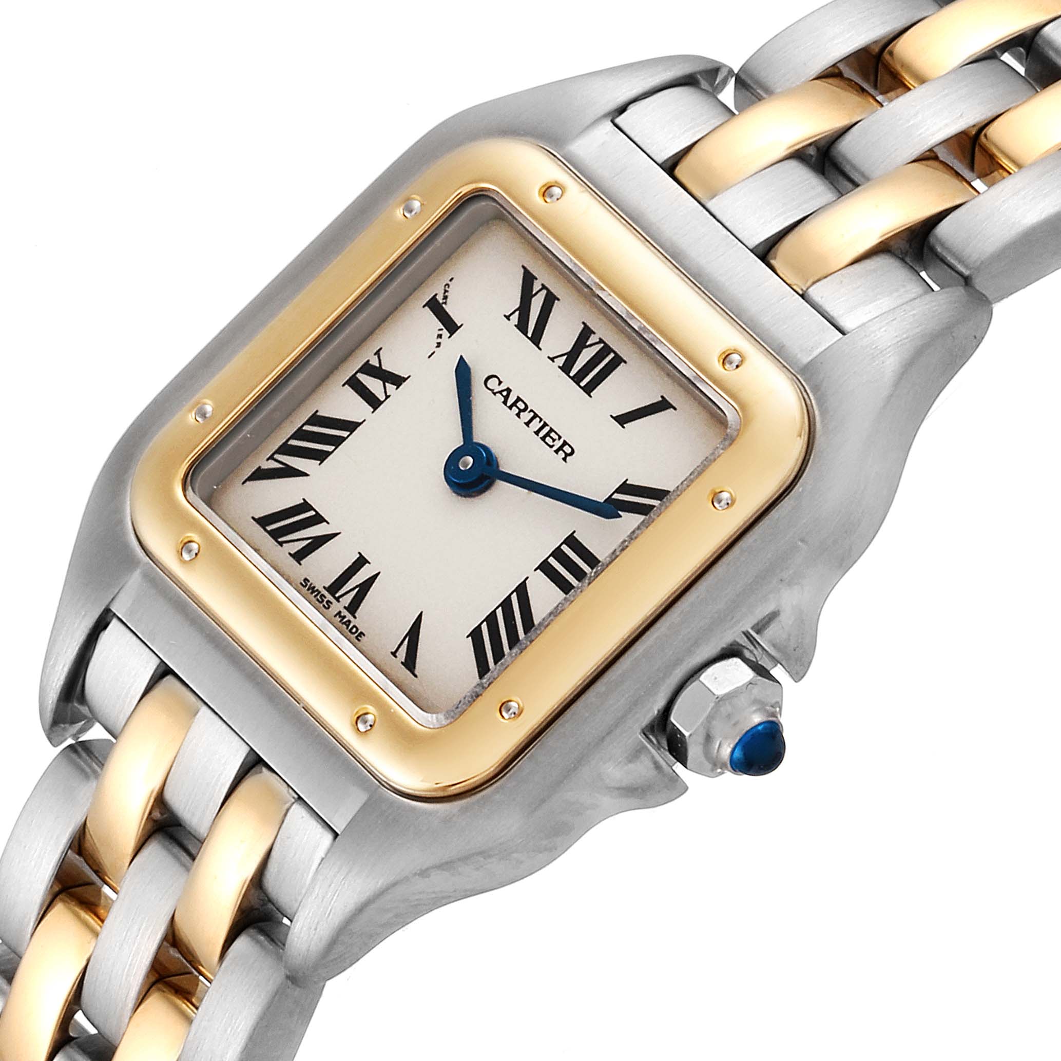 The image shows a close-up angle of the Cartier Panthère watch, highlighting its dial, Roman numerals, hands, bezel, and bracelet.