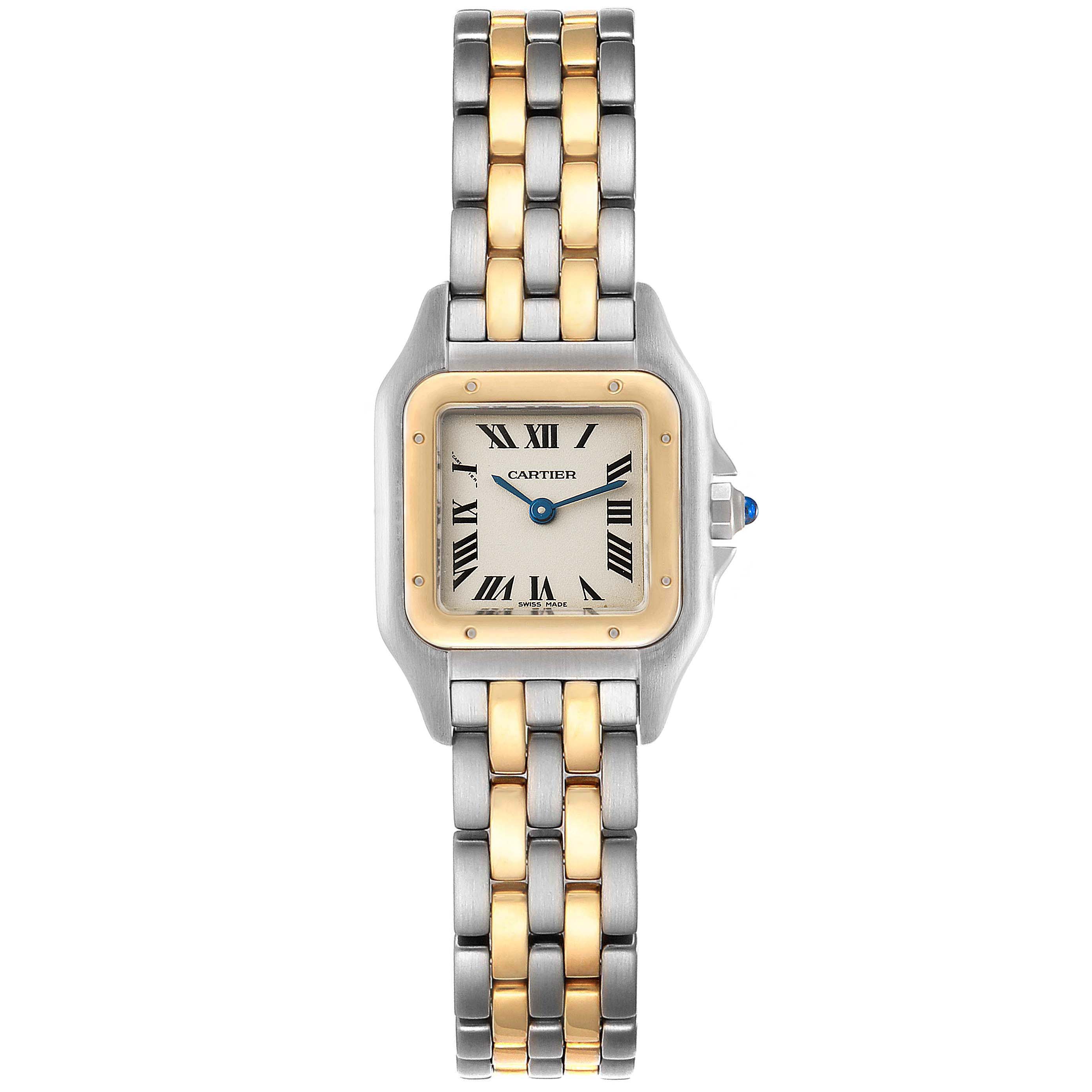 This is a front view of the Cartier Panthère watch, showing the face, bezel, crown, and bracelet.