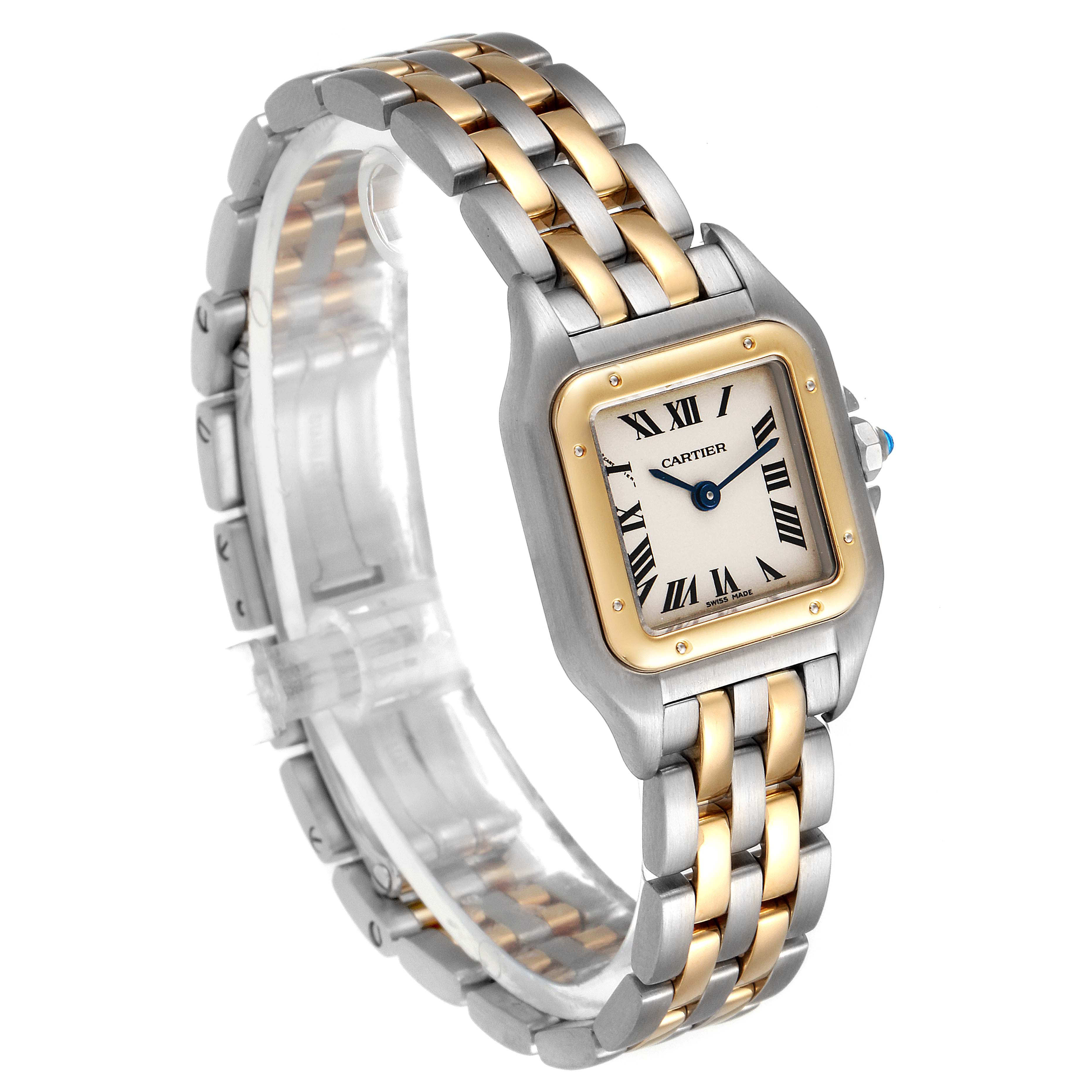 The image shows a Cartier Panthere W25029B6 Women
s Steel and Gold (two tone) Silver Dial W25029B6 Women
s Steel and Gold (two tone) Silver Dial watch at a three-quarter angle, highlighting its two-tone bracelet and square face with Roman numerals.