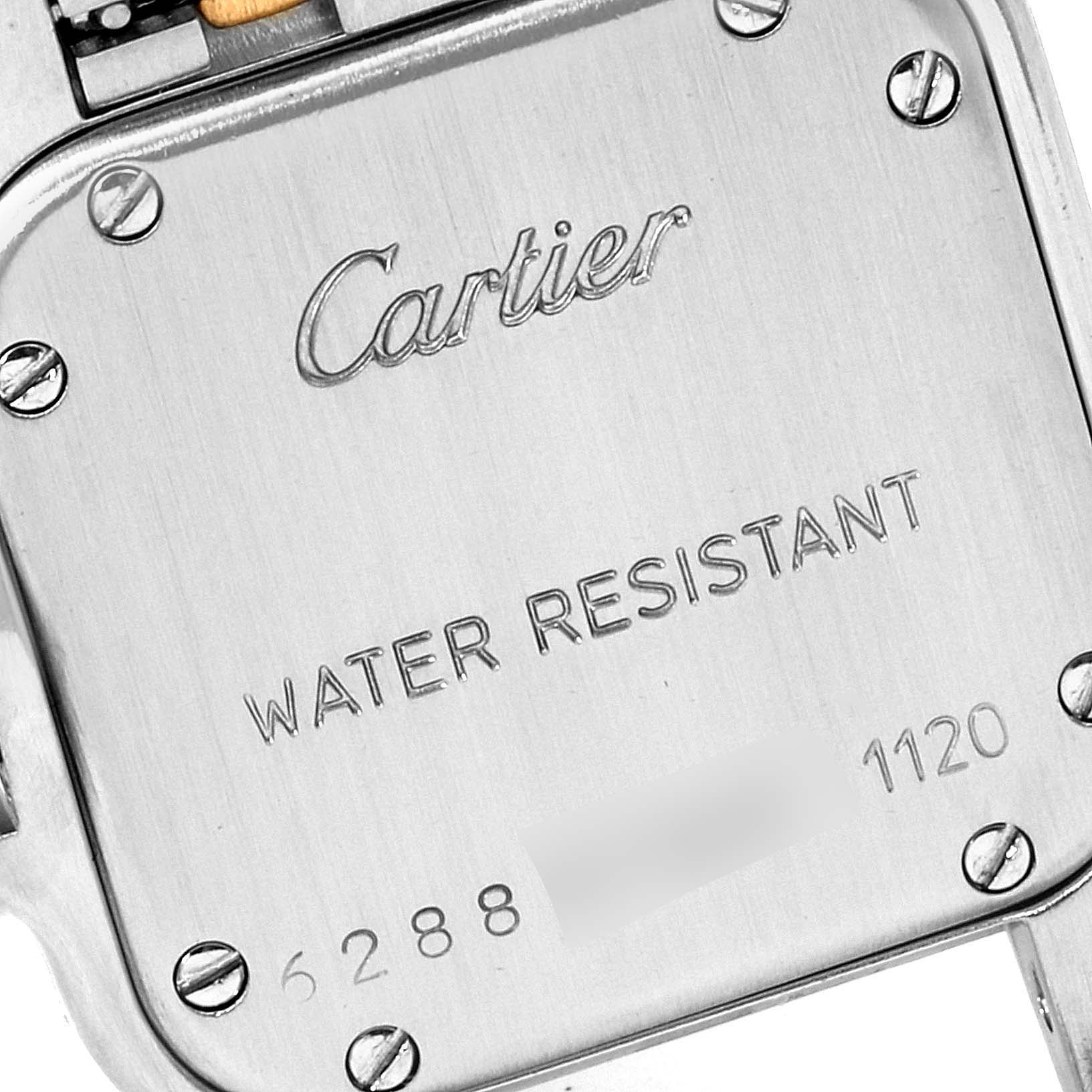 The image shows the case back of the Cartier Panthere W25029B6 Women
s Steel and Gold (two tone) Silver Dial W25029B6 Women
s Steel and Gold (two tone) Silver Dial watch, with screws and "Water Resistant" text engraved.