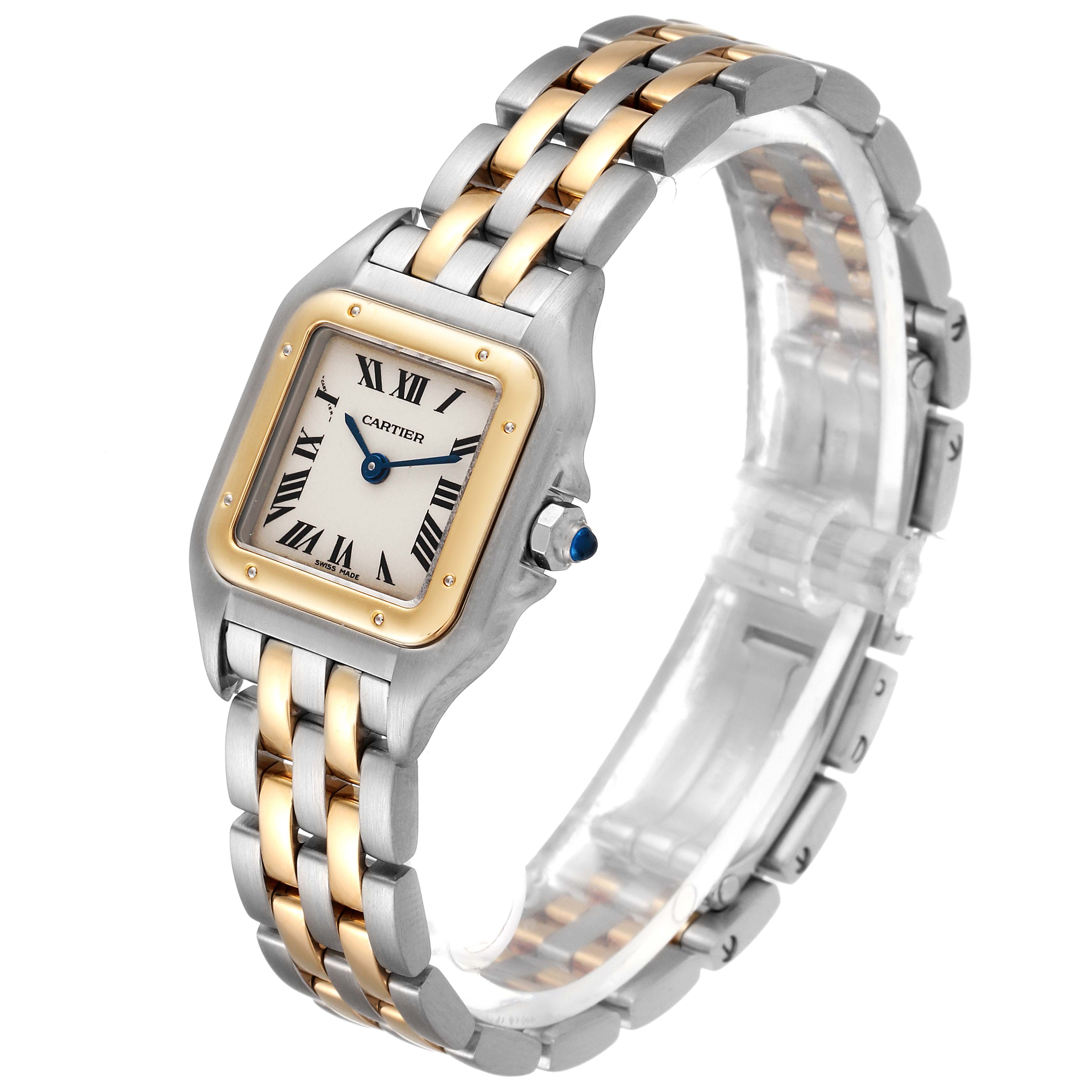 This image shows a Cartier Panthere W25029B6 Women
s Steel and Gold (two tone) Silver Dial W25029B6 Women
s Steel and Gold (two tone) Silver Dial model watch from a side angle, highlighting its two-tone metal bracelet and square face.