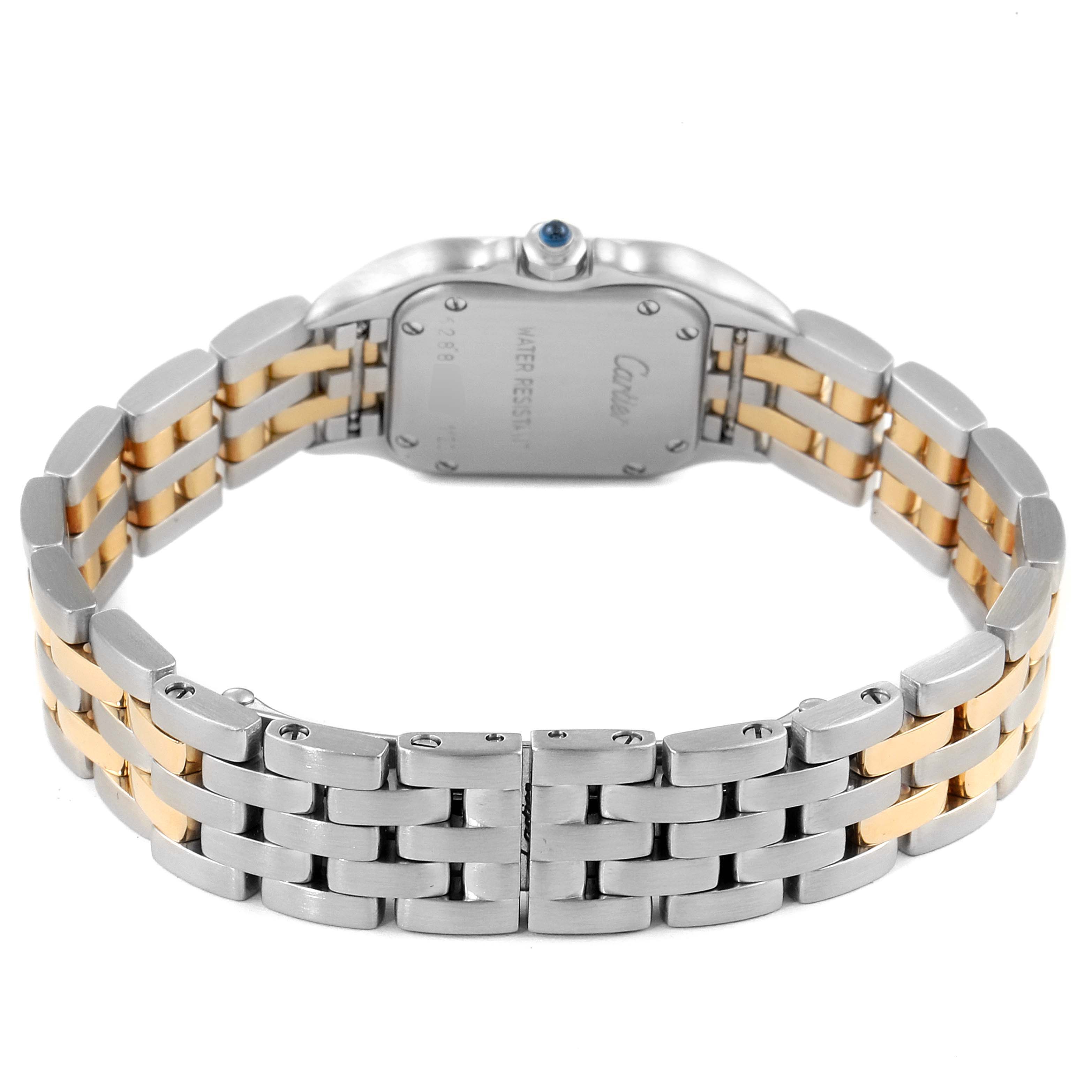 The image shows the back case and bracelet of the Cartier Panthère watch, highlighting its two-tone metal design.