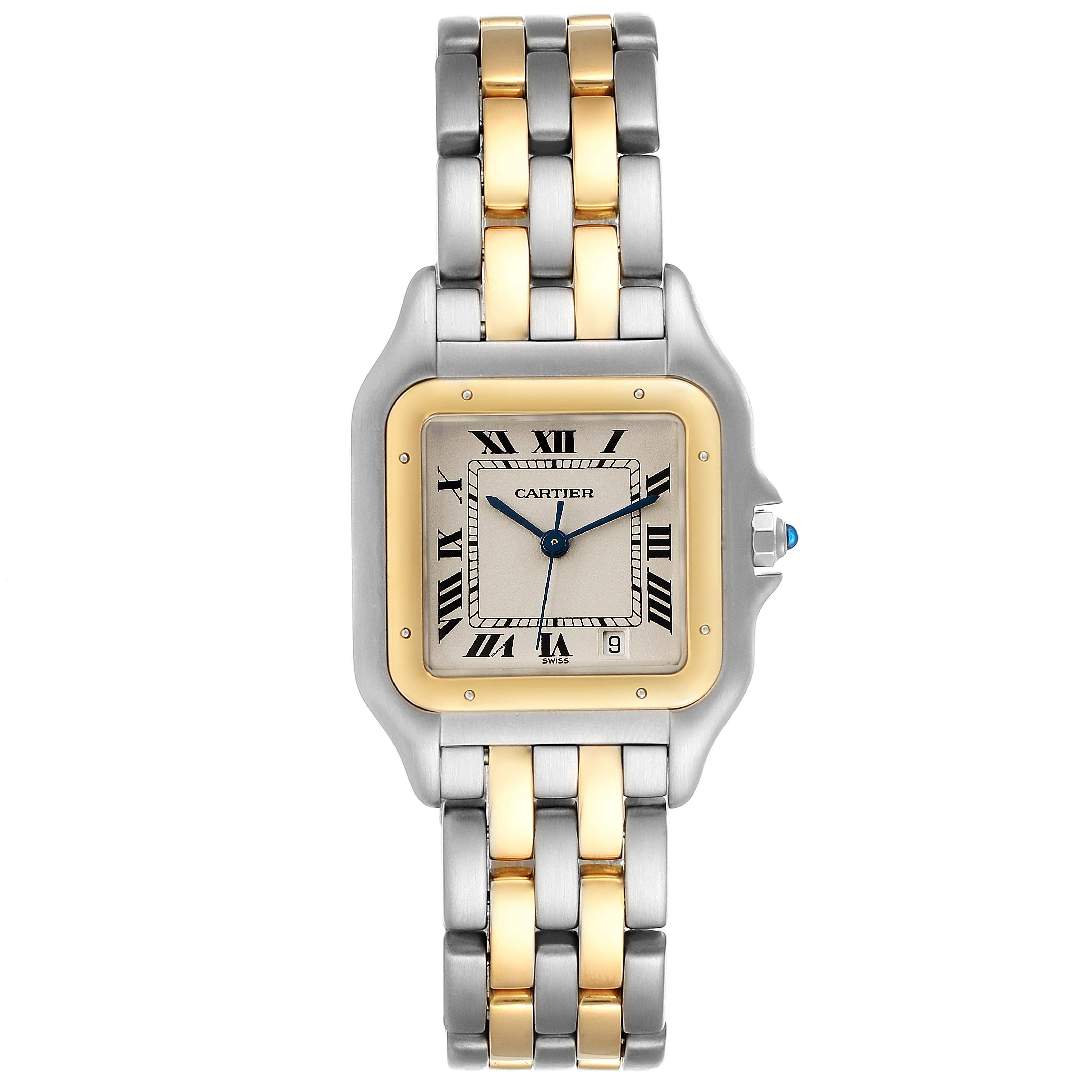 This image shows a front view of a Cartier Panthere W25028B8 Men's Steel and Gold (two tone) Silver Dial W25028B8 Men's Steel and Gold (two tone) Silver Dial model watch with a two-tone metal bracelet.