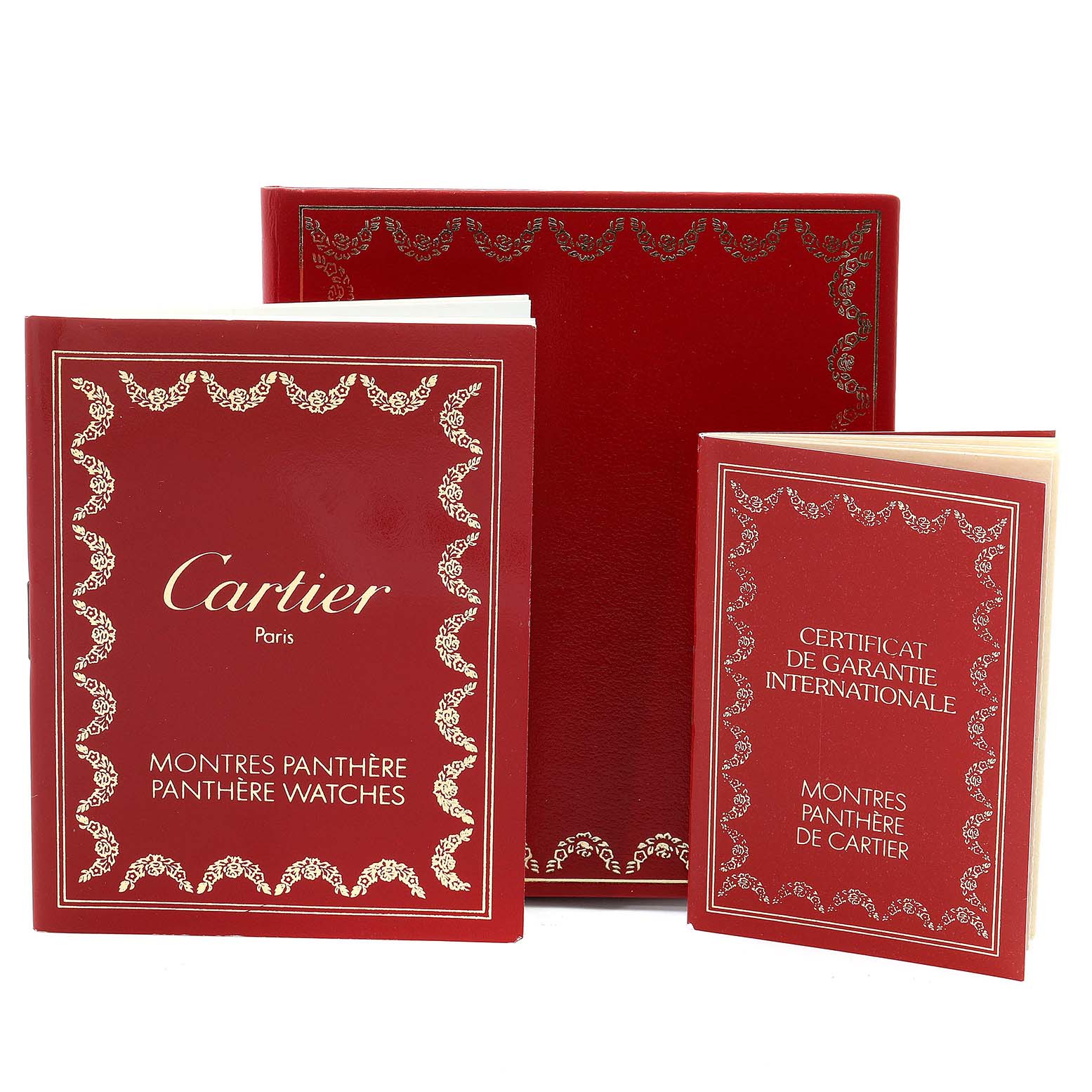 The image shows the instruction manual, warranty certificate, and packaging for the Cartier Panthere W25028B8 Men's Steel and Gold (two tone) Silver Dial W25028B8 Men's Steel and Gold (two tone) Silver Dial watch model.