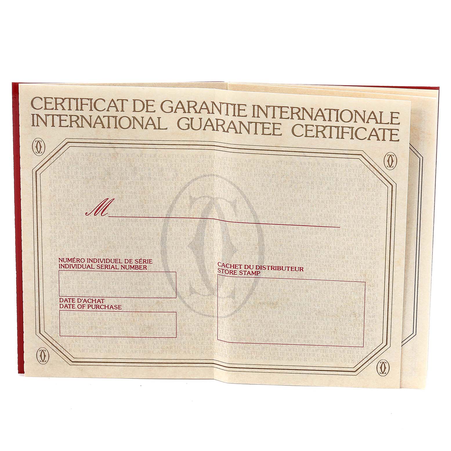 The image shows the international guarantee certificate for the Cartier Panthere W25028B8 Men's Steel and Gold (two tone) Silver Dial W25028B8 Men's Steel and Gold (two tone) Silver Dial model watch.