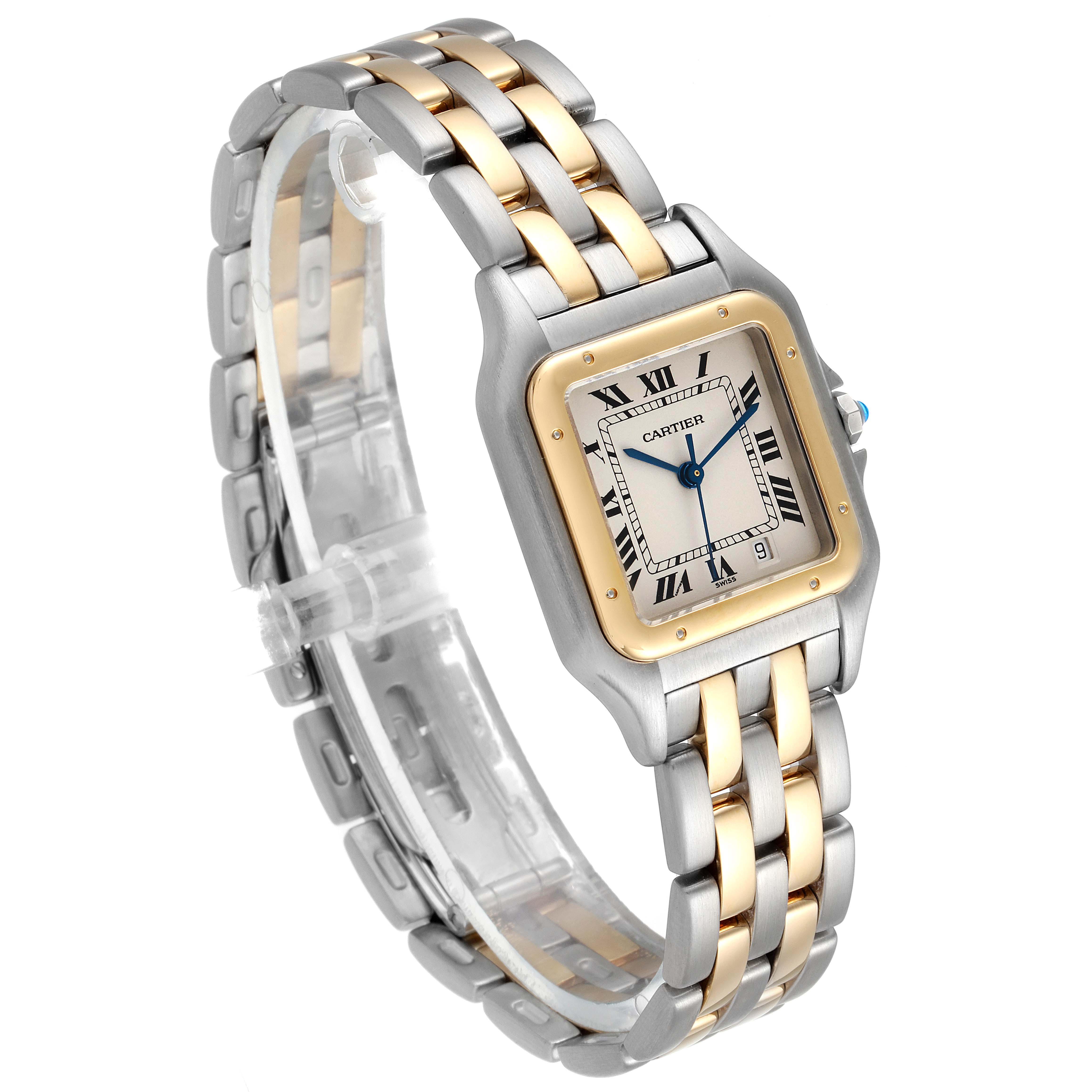 This image shows a Cartier Panthere W25028B8 Men's Steel and Gold (two tone) Silver Dial W25028B8 Men's Steel and Gold (two tone) Silver Dial watch at an angled view, highlighting the band, face, and bezel.