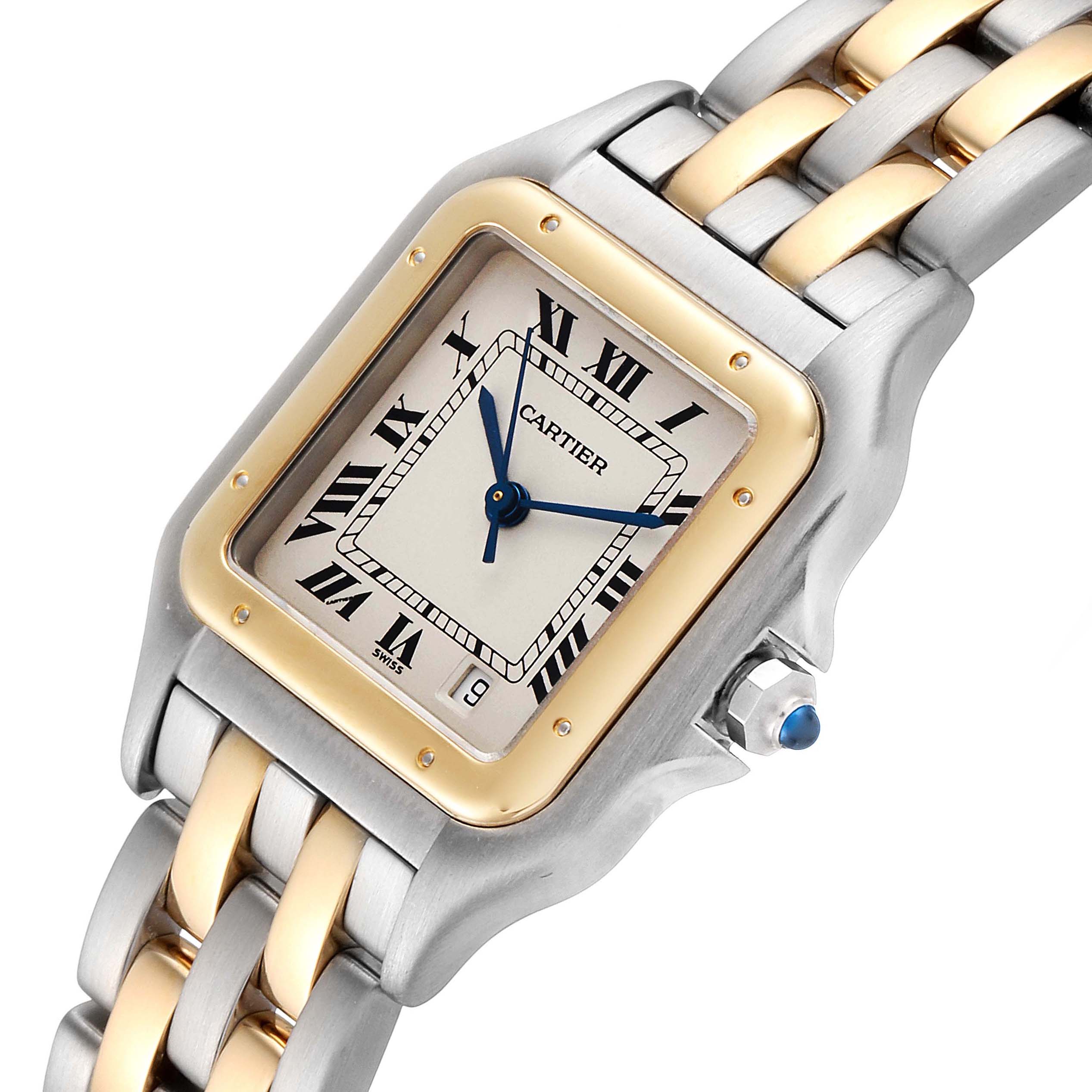 This image shows a close-up view of the Cartier Panthere W25028B8 Men's Steel and Gold (two tone) Silver Dial W25028B8 Men's Steel and Gold (two tone) Silver Dial watch face and part of its two-tone metal strap.
