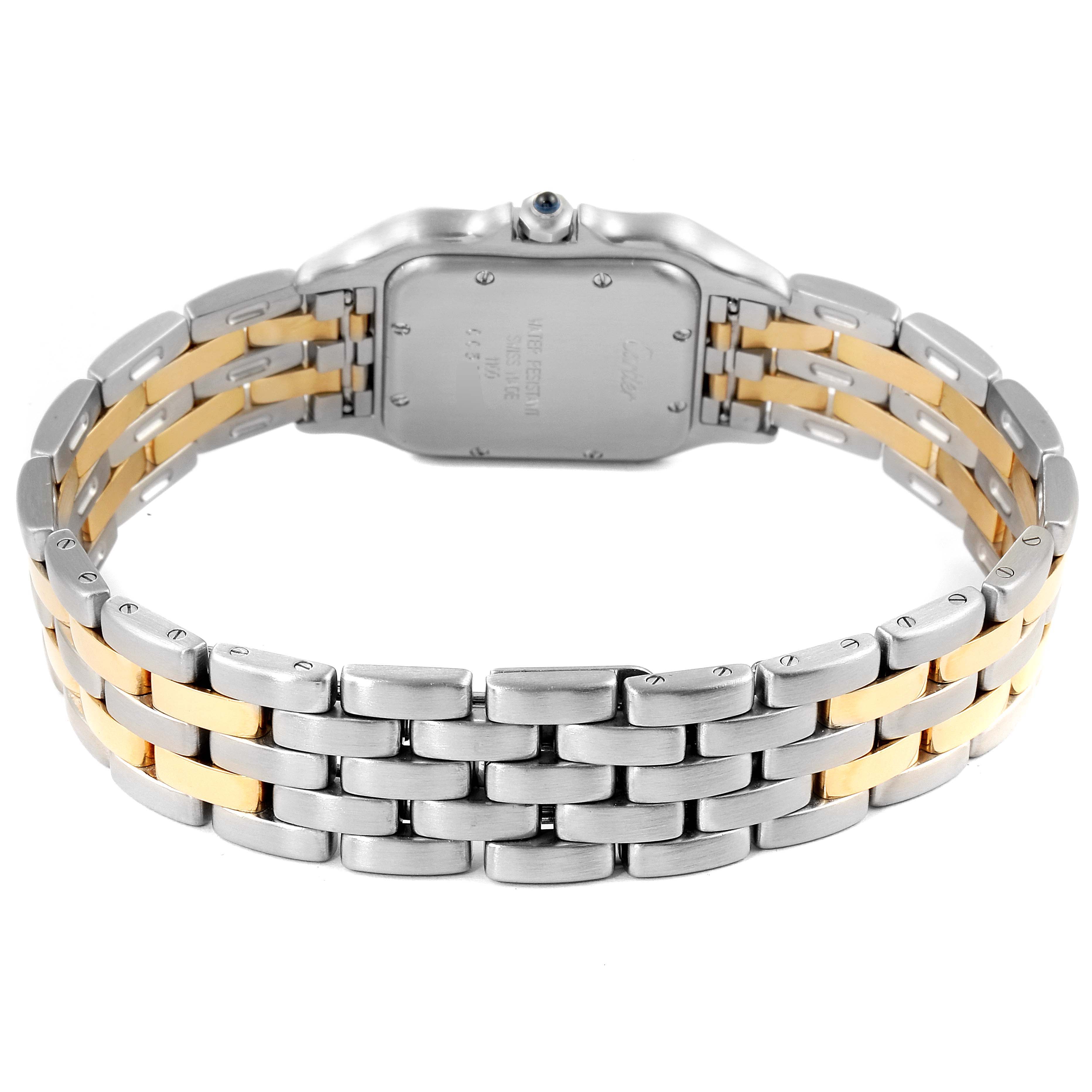 This image shows the back view of a Cartier Panthere W25028B8 Men's Steel and Gold (two tone) Silver Dial W25028B8 Men's Steel and Gold (two tone) Silver Dial watch, highlighting the two-tone metal bracelet and the case back.