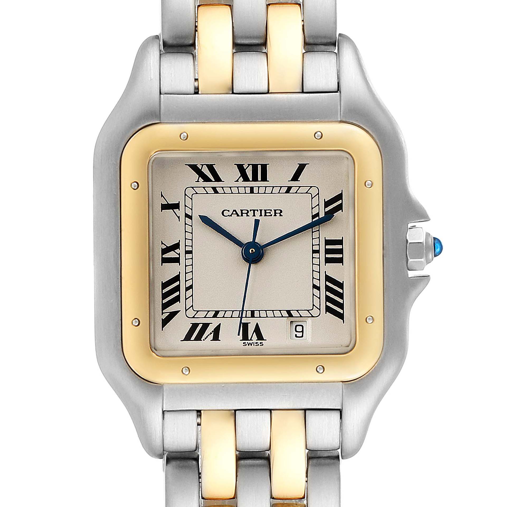 The image shows a close-up front view of the Cartier Panthere W25028B8 Men's Steel and Gold (two tone) Silver Dial W25028B8 Men's Steel and Gold (two tone) Silver Dial model watch, highlighting the dial, bezel, and part of the bracelet.