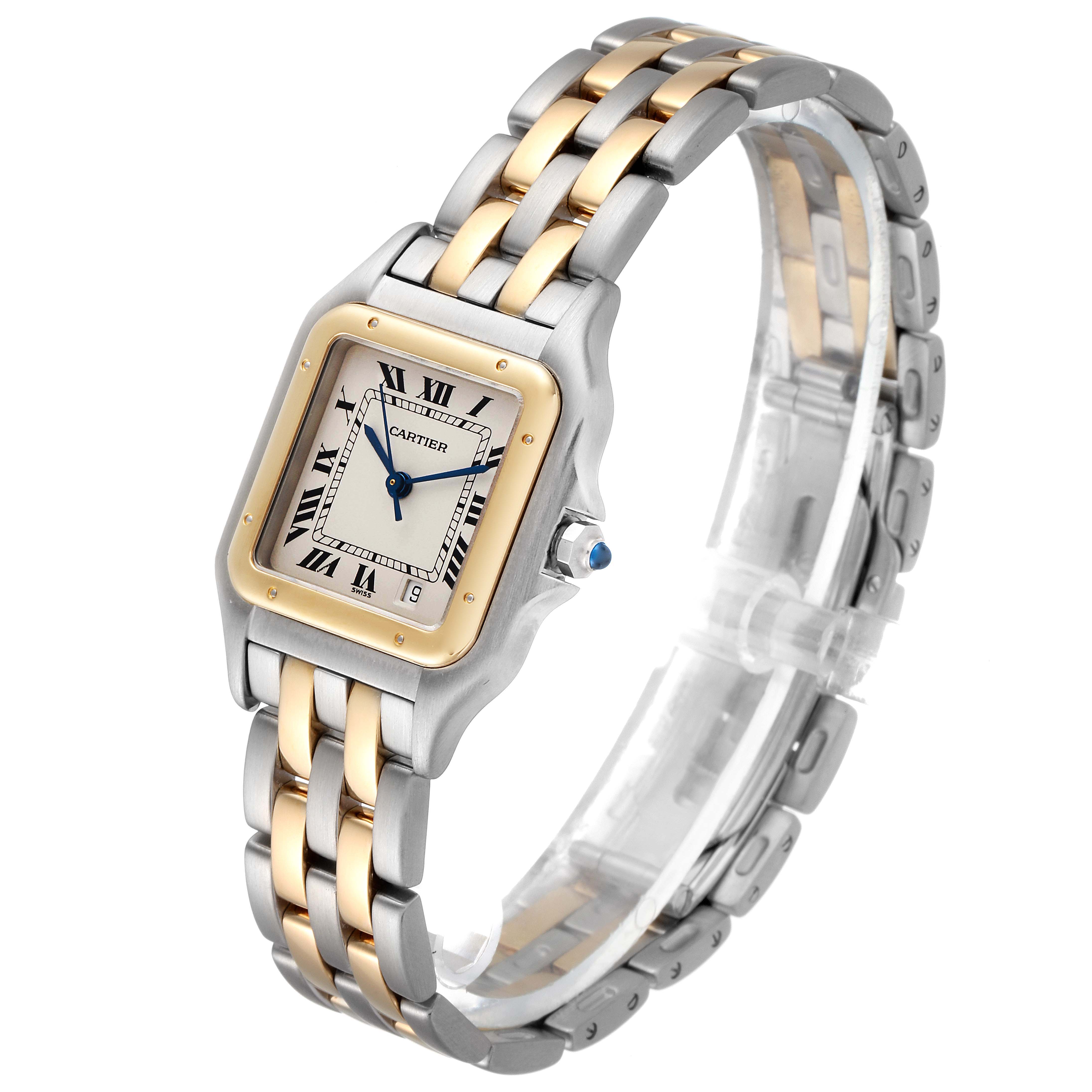 The image shows a Panthere model by Cartier from a three-quarter angle, highlighting the face, band, crown, and clasp.