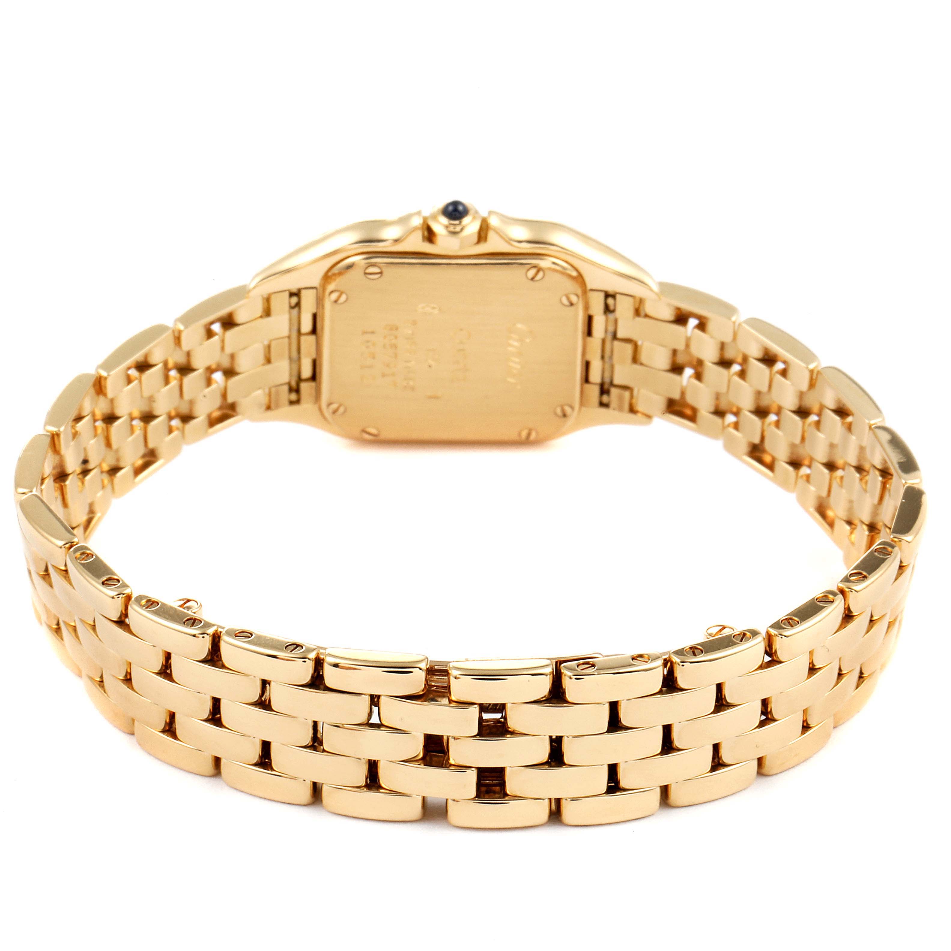 The image shows the back and band of a gold Cartier Panthere W25022B9 Women's Yellow Gold Silver Dial W25022B9 Women's Yellow Gold Silver Dial watch.