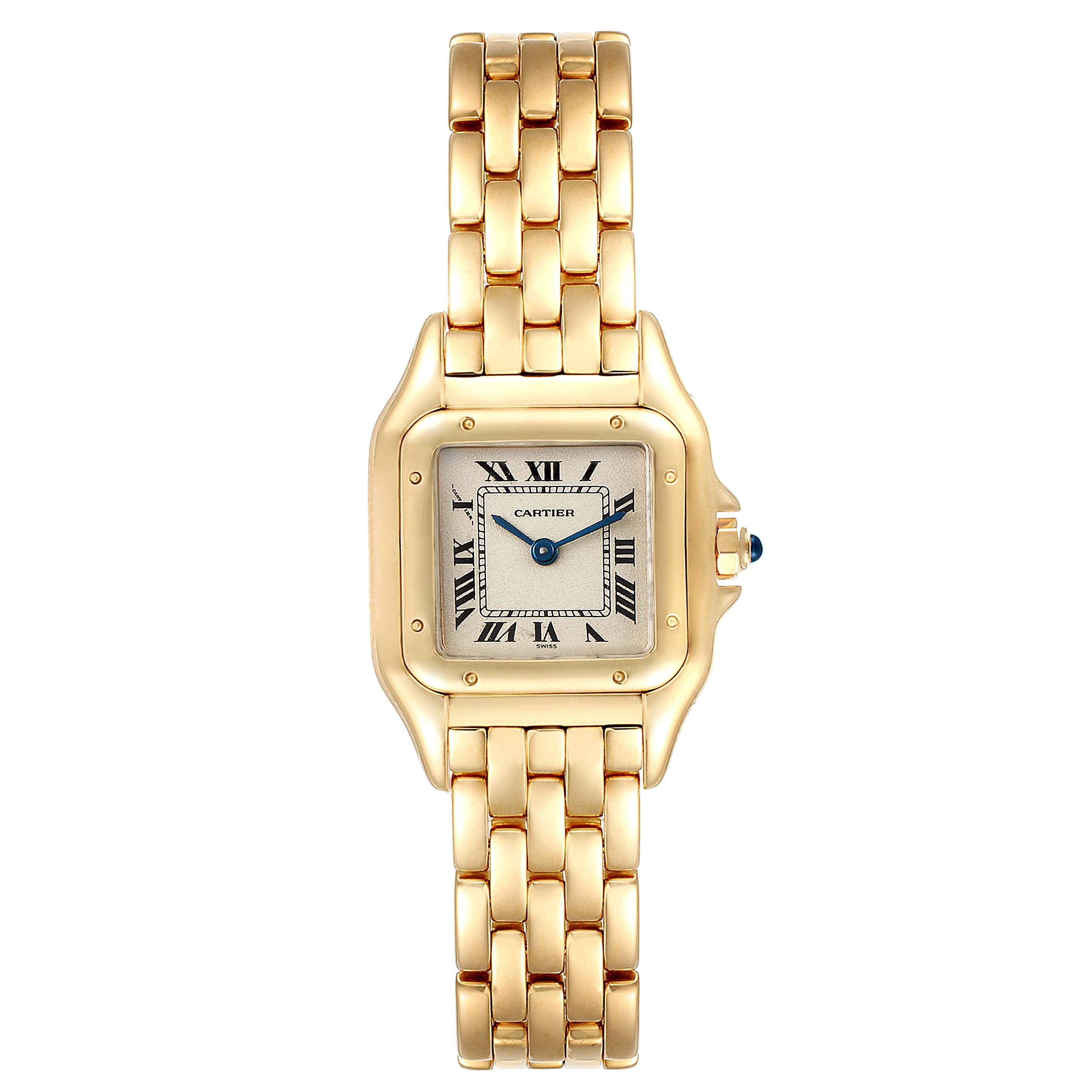 The image shows a front view of the Cartier Panthere W25022B9 Women's Yellow Gold Silver Dial W25022B9 Women's Yellow Gold Silver Dial model watch, highlighting its gold bracelet and square face with Roman numerals.