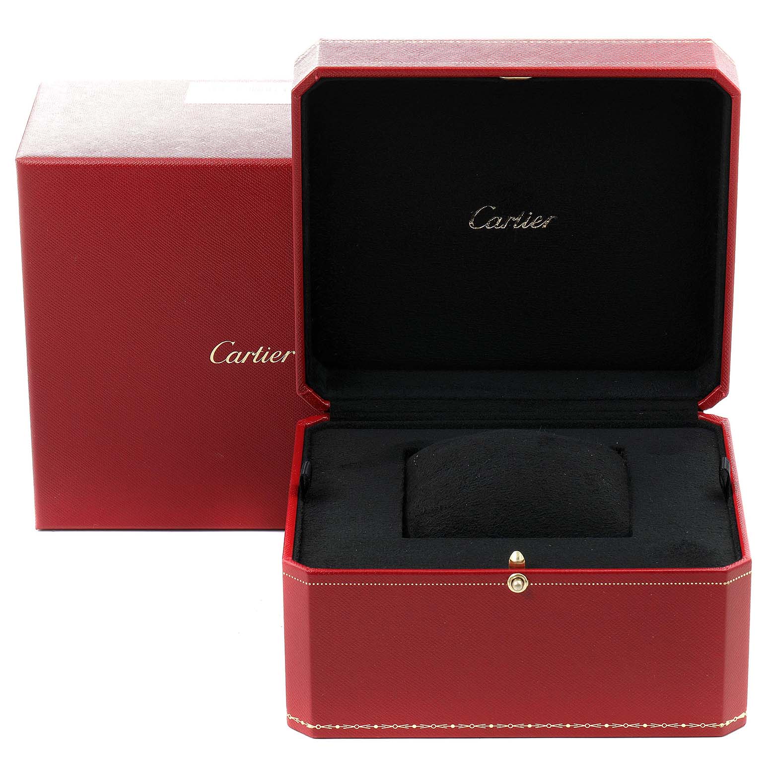 This image shows an open, red Cartier watch box for the Panthere model, displaying the interior cushioning and branding.