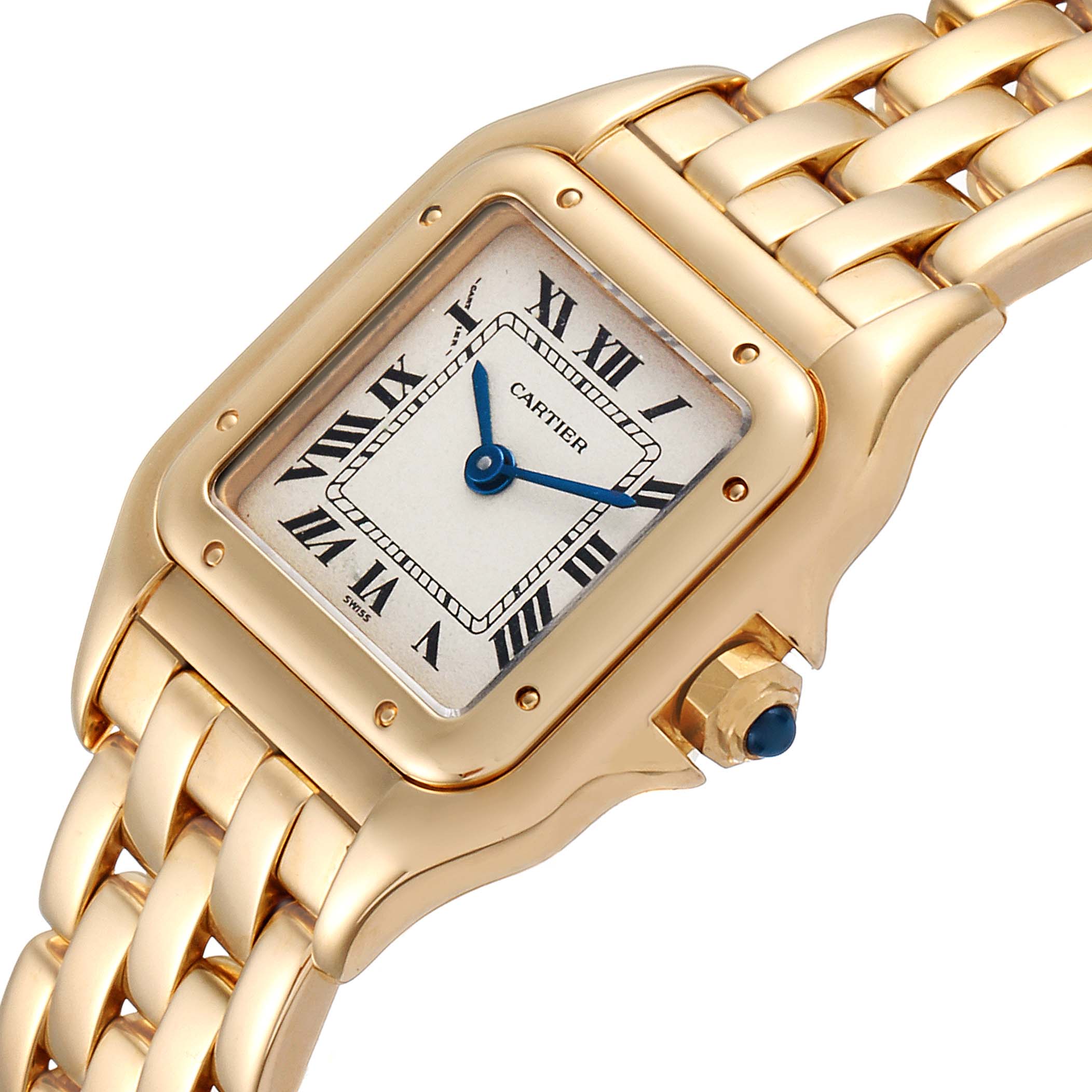 The image shows a close-up angled view of the Cartier Panthere W25022B9 Women's Yellow Gold Silver Dial W25022B9 Women's Yellow Gold Silver Dial watch, highlighting its gold case, dial, and part of the linked bracelet.