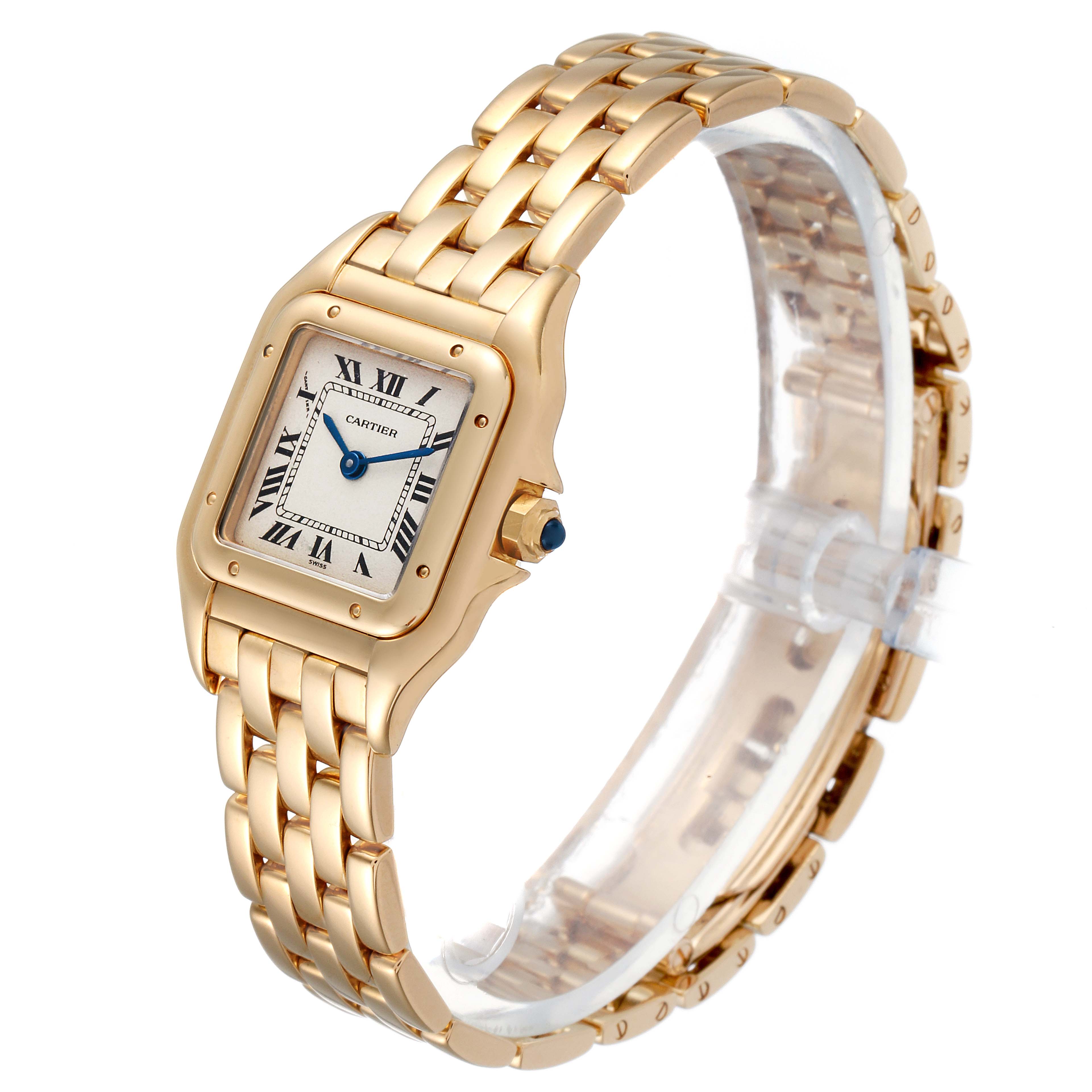 The image shows a side angle of a Cartier Panthere W25022B9 Women's Yellow Gold Silver Dial W25022B9 Women's Yellow Gold Silver Dial watch, highlighting its gold case and bracelet, square dial, and Roman numerals.