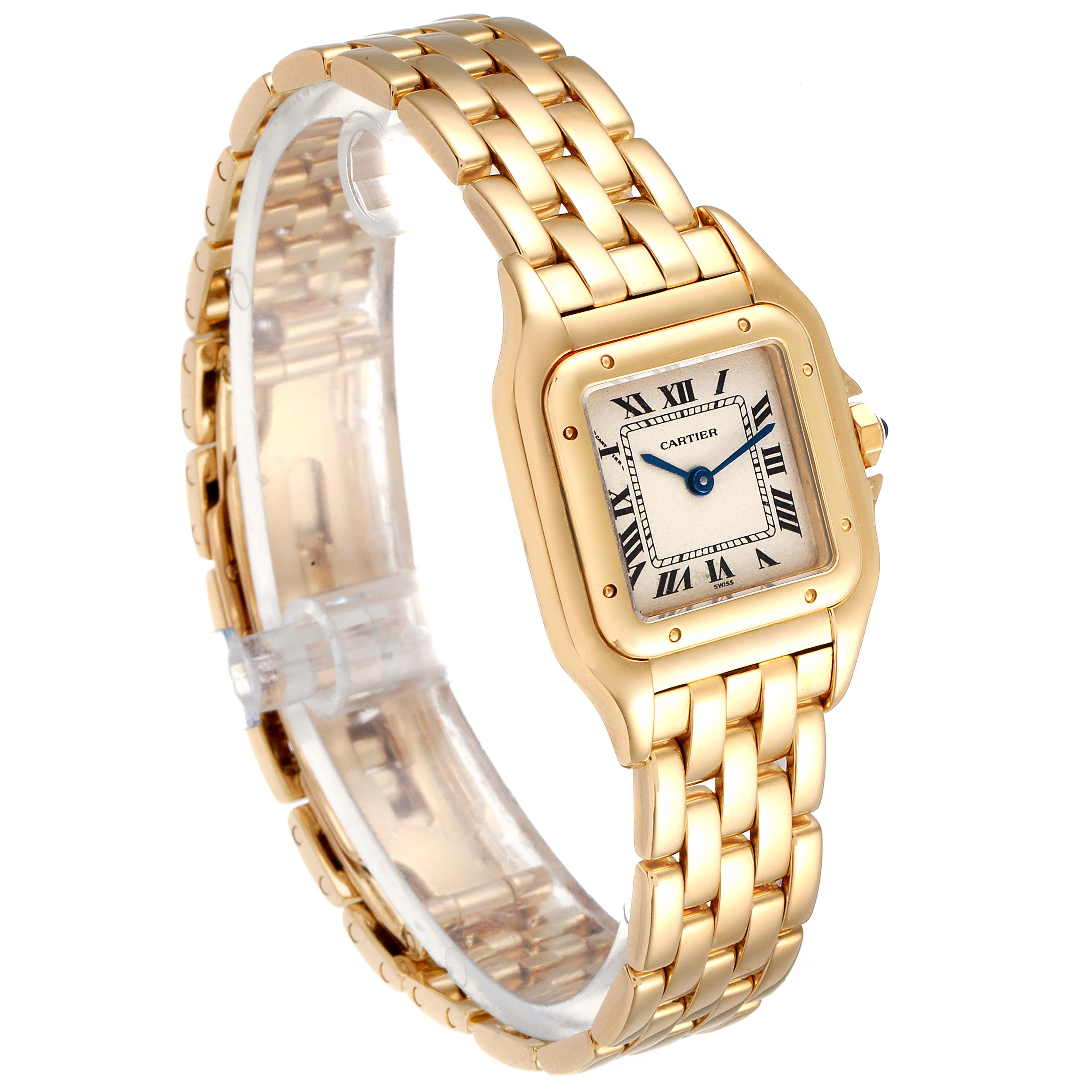 This image shows a Cartier Panthere W25022B9 Women's Yellow Gold Silver Dial W25022B9 Women's Yellow Gold Silver Dial watch angled from the top-left, highlighting the gold bracelet and square face with Roman numerals.