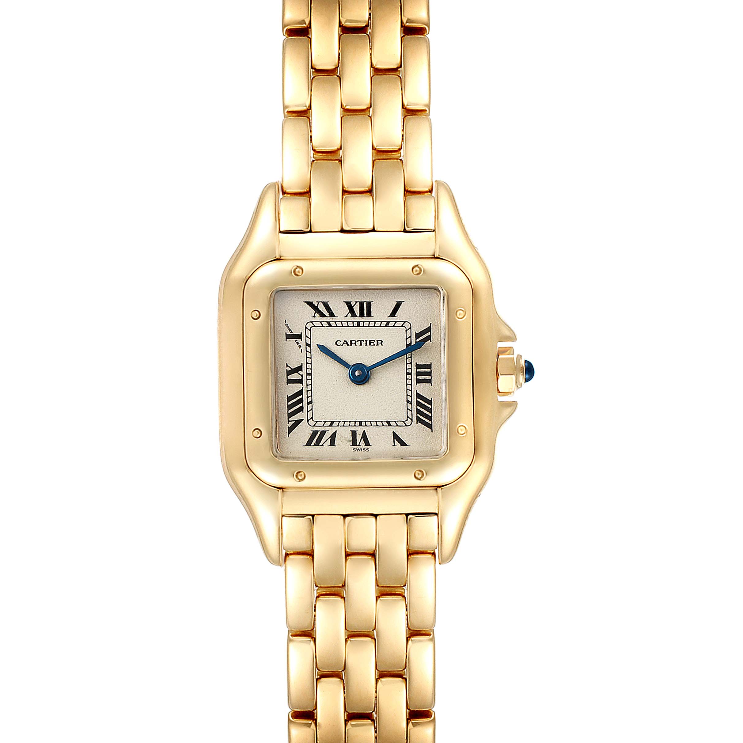 The Panthere model by Cartier is shown from a top view, highlighting its gold case, face, and bracelet.