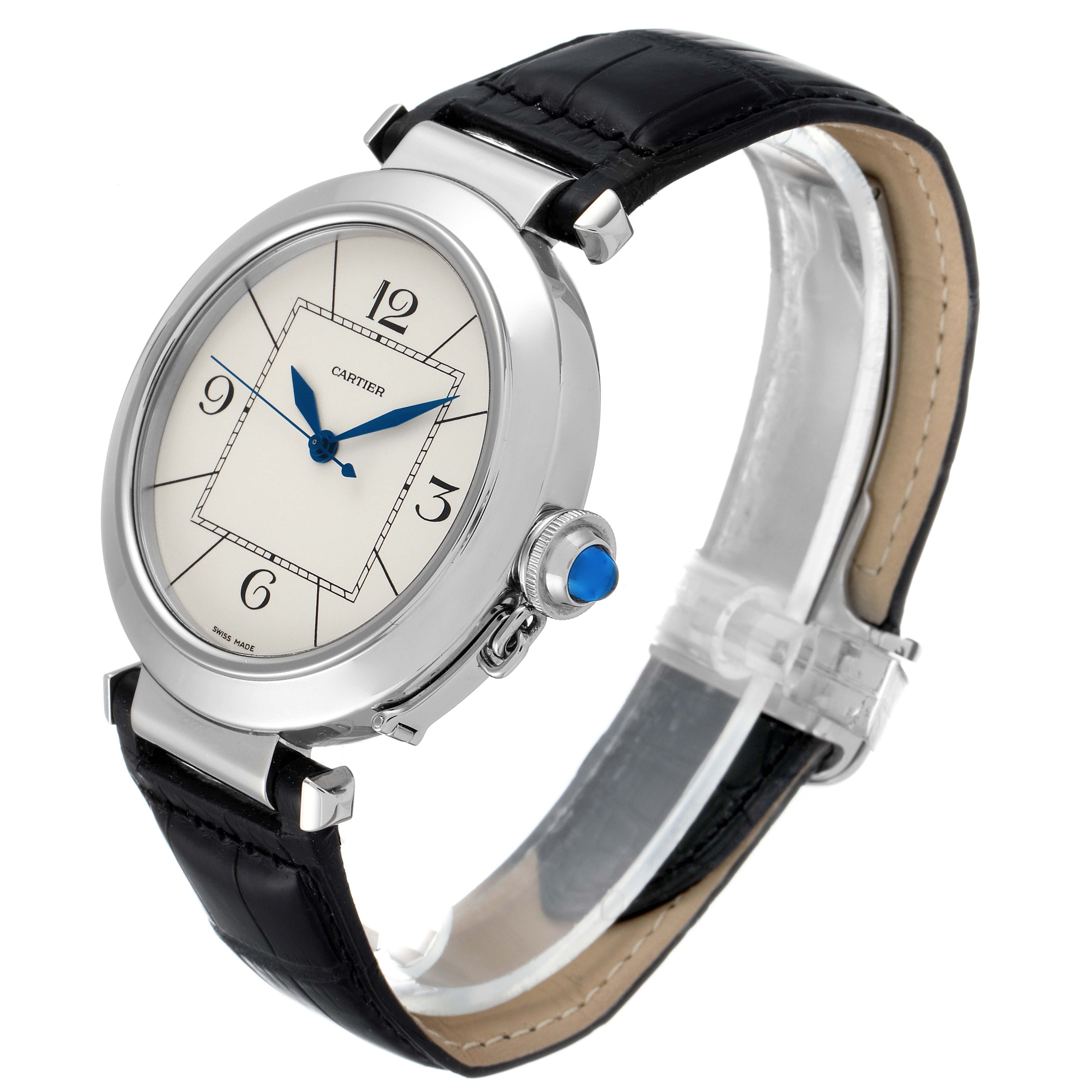 The Cartier Pasha W3107255 Men
s Stainless Steel Silver Dial W3107255 Men
s Stainless Steel Silver Dial watch is shown at a three-quarter angle, displaying the face, crown, and leather strap.