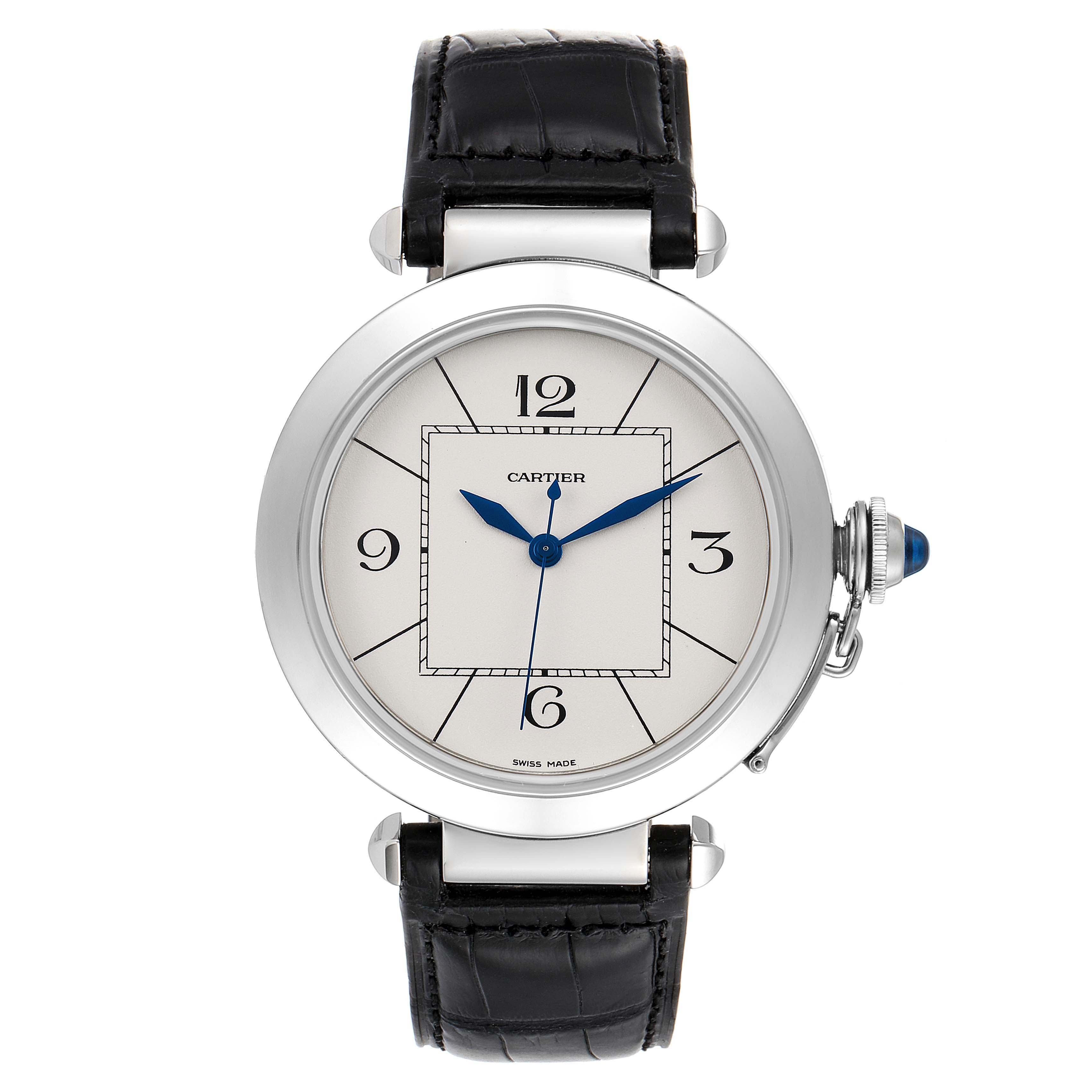 The image shows a front view of the Cartier Pasha W3107255 Men
s Stainless Steel Silver Dial W3107255 Men
s Stainless Steel Silver Dial watch, featuring the face, dial, and strap.