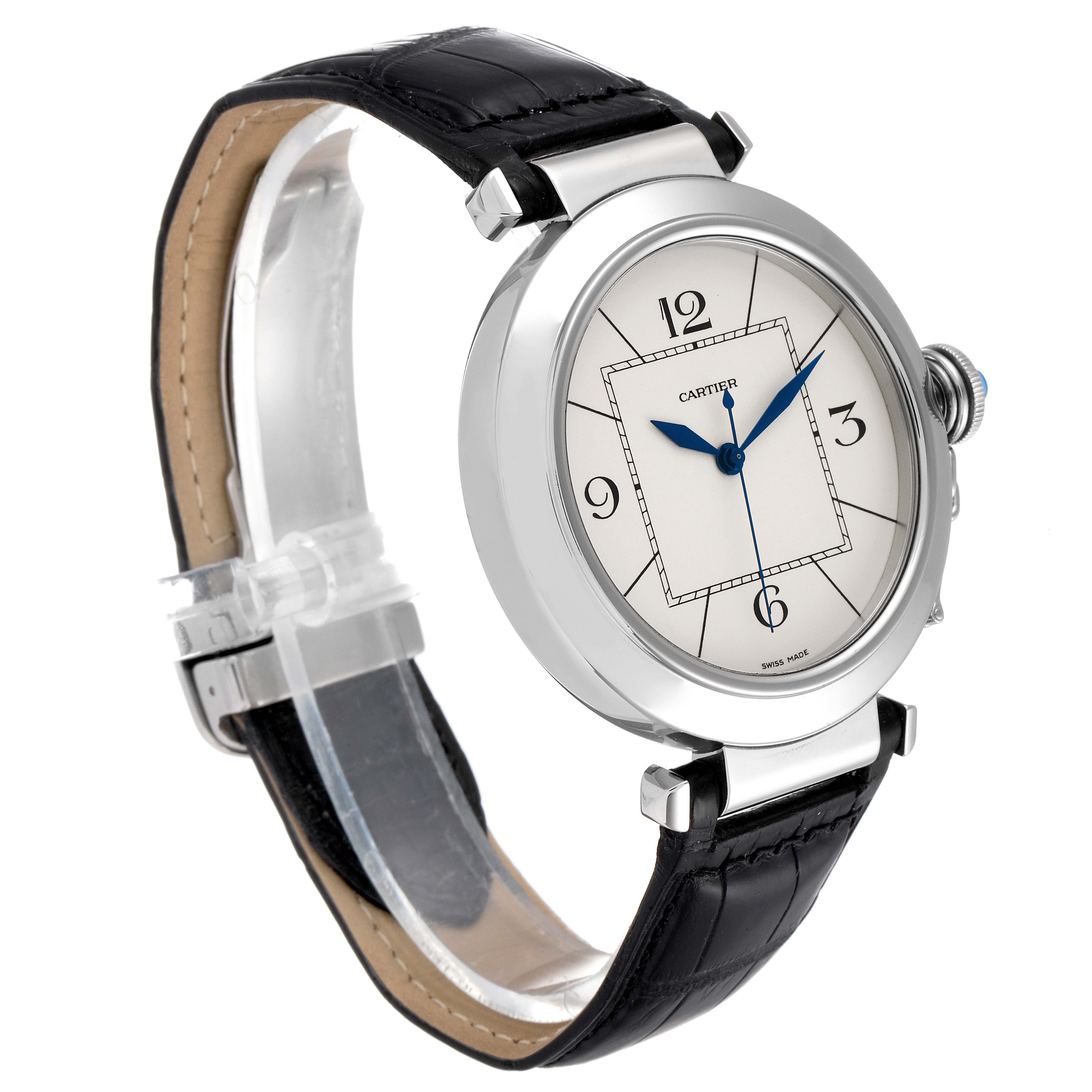 This image shows a Cartier Pasha W3107255 Men
s Stainless Steel Silver Dial W3107255 Men
s Stainless Steel Silver Dial watch angled from the left front, highlighting the face, crown, and black leather strap.