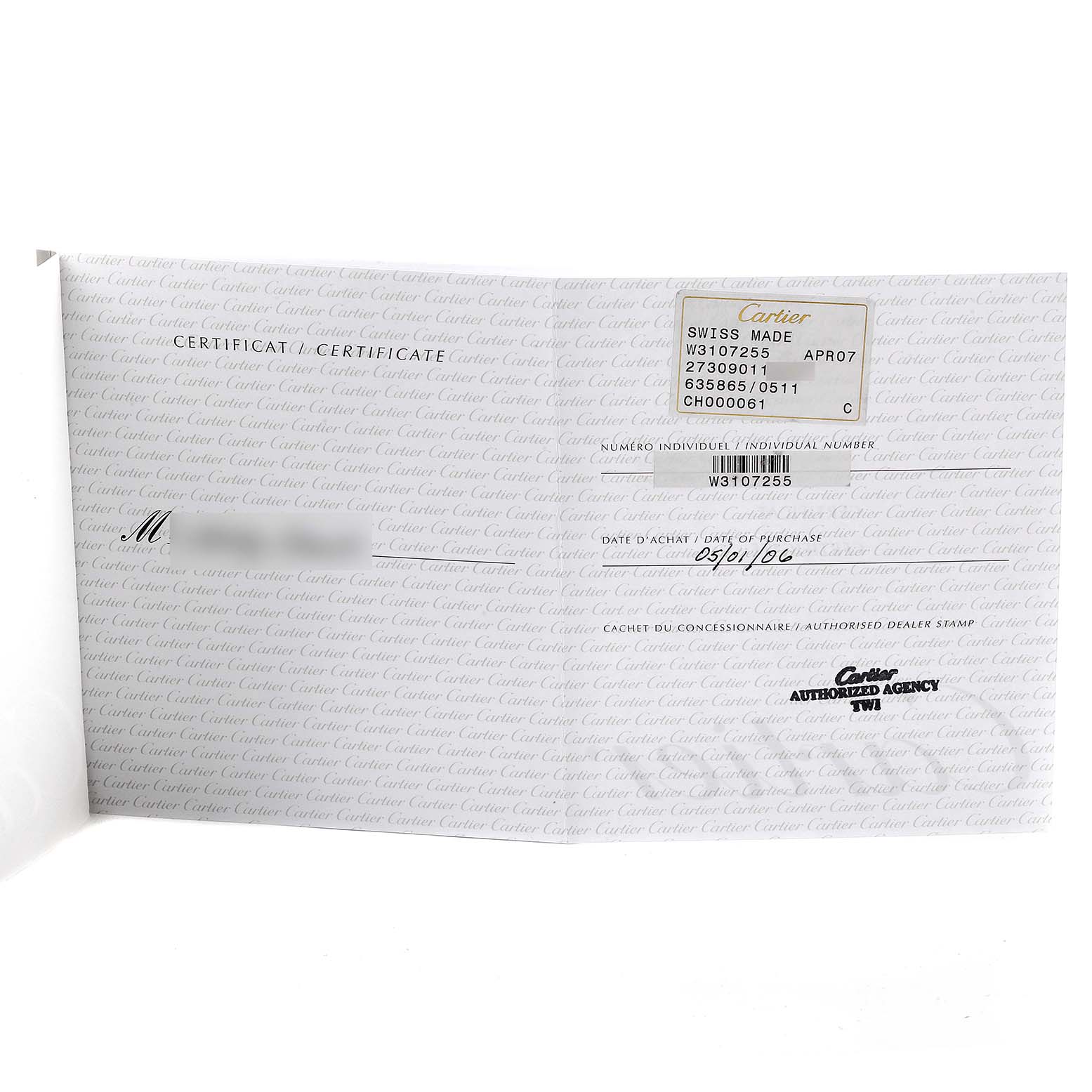 The image shows the certificate of Best Quality
ity for a Cartier Pasha W3107255 Men
s Stainless Steel Silver Dial W3107255 Men
s Stainless Steel Silver Dial model watch.