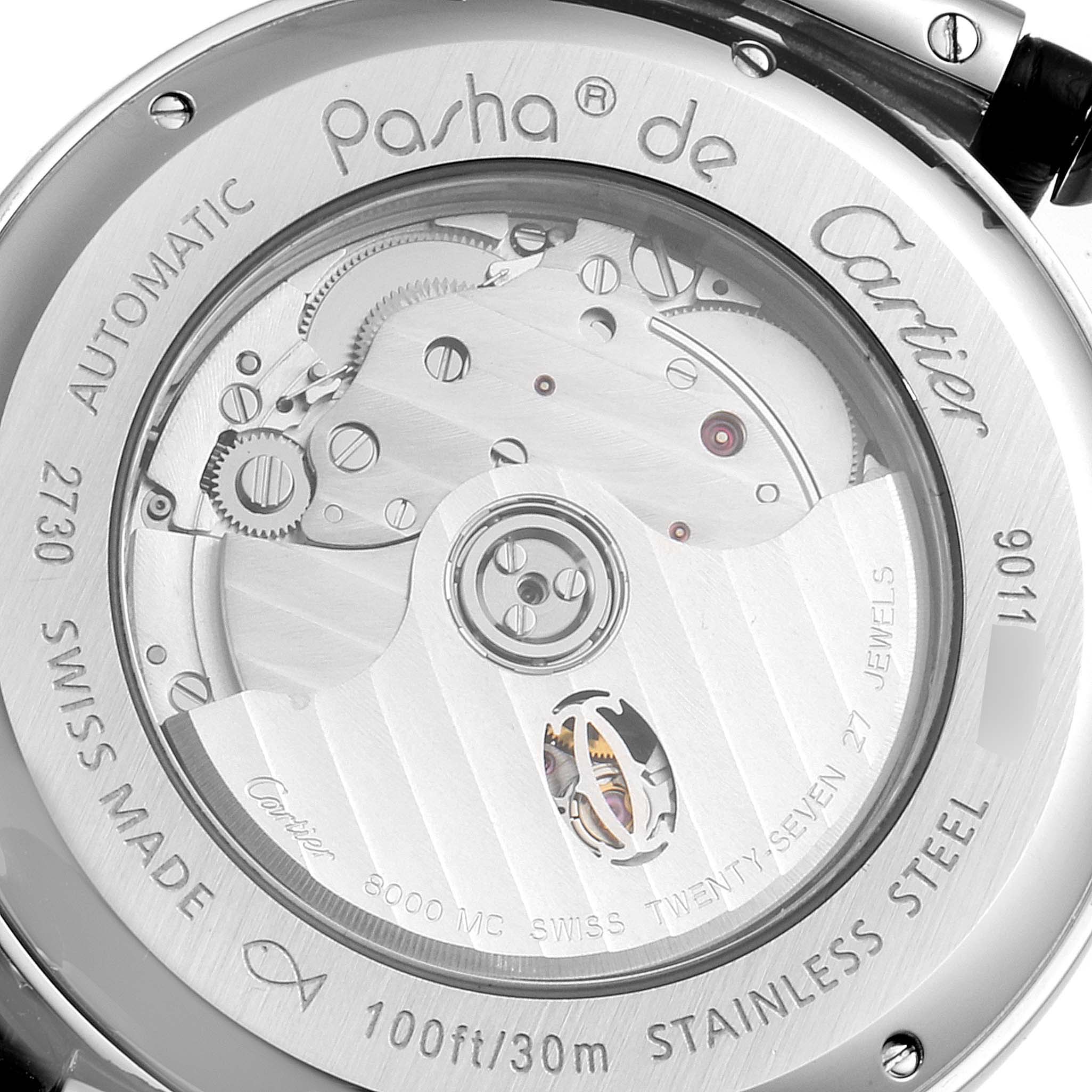 The image shows the back of a Cartier Pasha W3107255 Men
s Stainless Steel Silver Dial W3107255 Men
s Stainless Steel Silver Dial watch, revealing its automatic movement and internal mechanisms.
