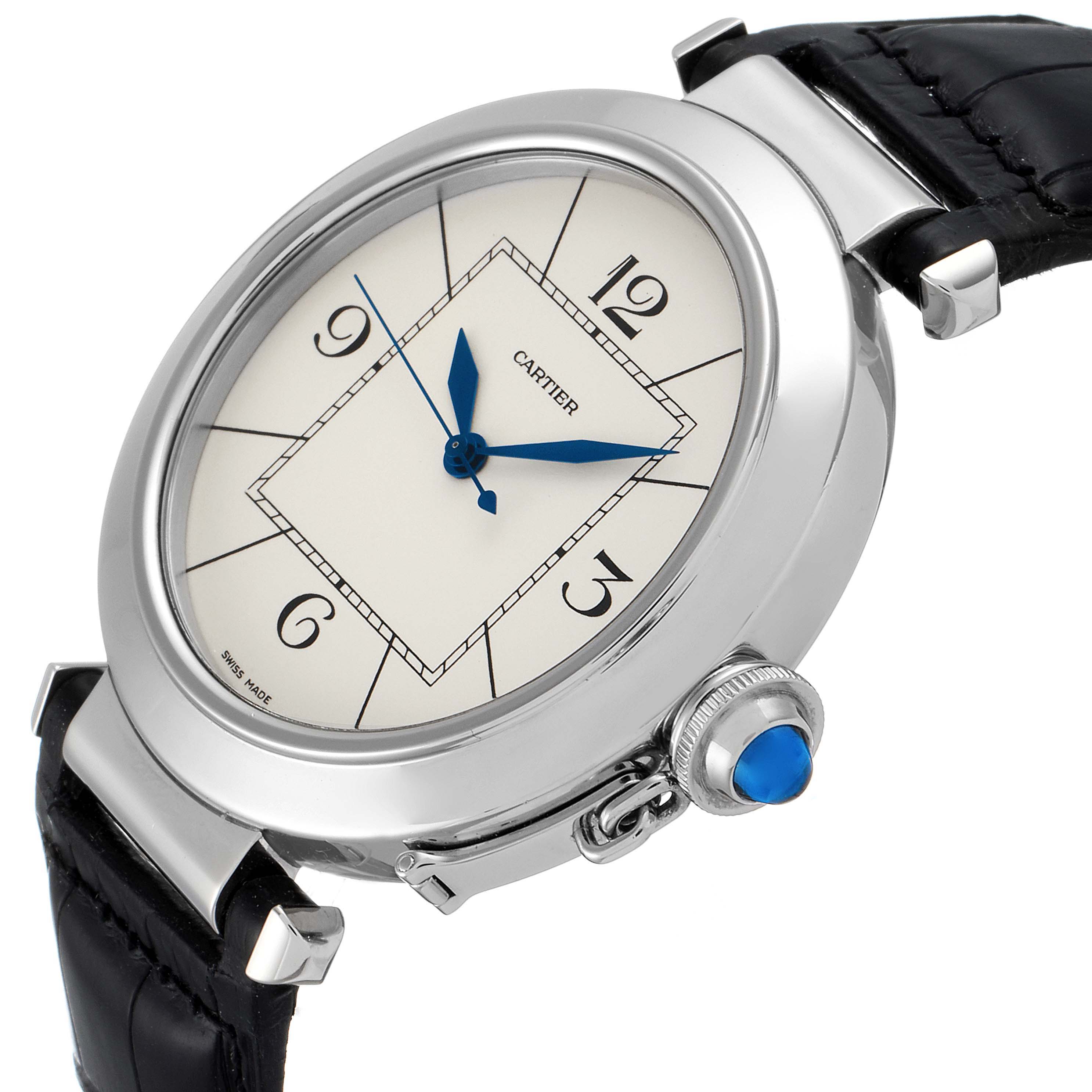 The image shows a Cartier Pasha W3107255 Men
s Stainless Steel Silver Dial W3107255 Men
s Stainless Steel Silver Dial watch viewed at an angle, displaying its face, bezel, crown, and strap.