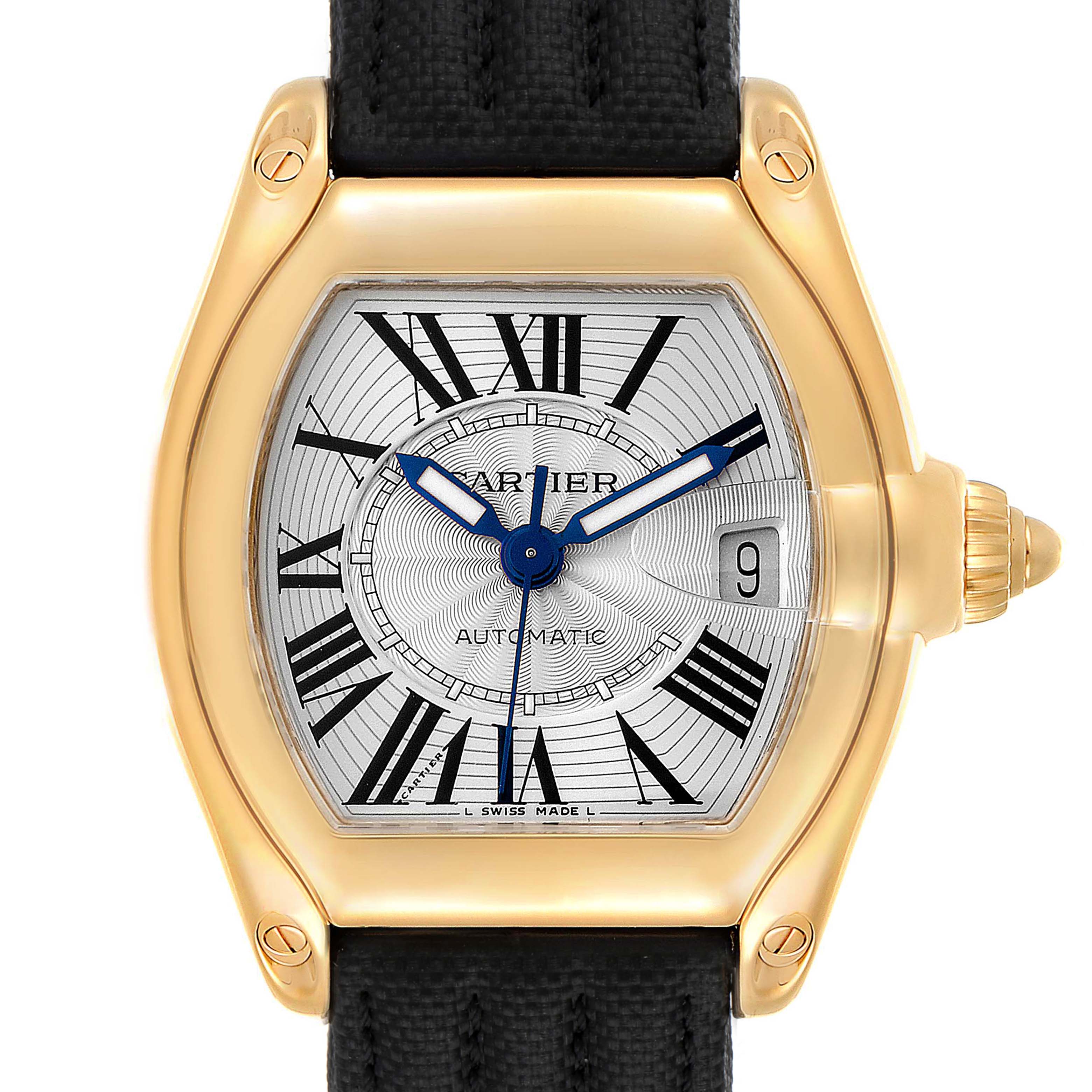 This image displays a Cartier Roadster W62005V2 Men's Yellow Gold Silver Dial W62005V2 Men's Yellow Gold Silver Dial watch from a front angle, showcasing its gold case, Roman numeral dial, and black strap.
